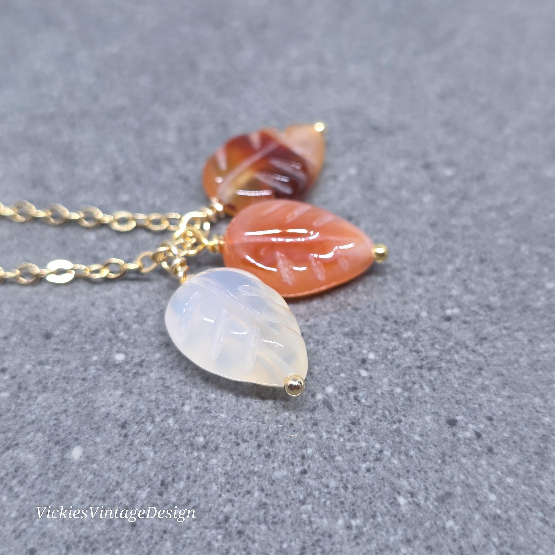 Glass Leaf Necklace with Real 18K Gold Plated Chain: Autumnal Burnt Orange