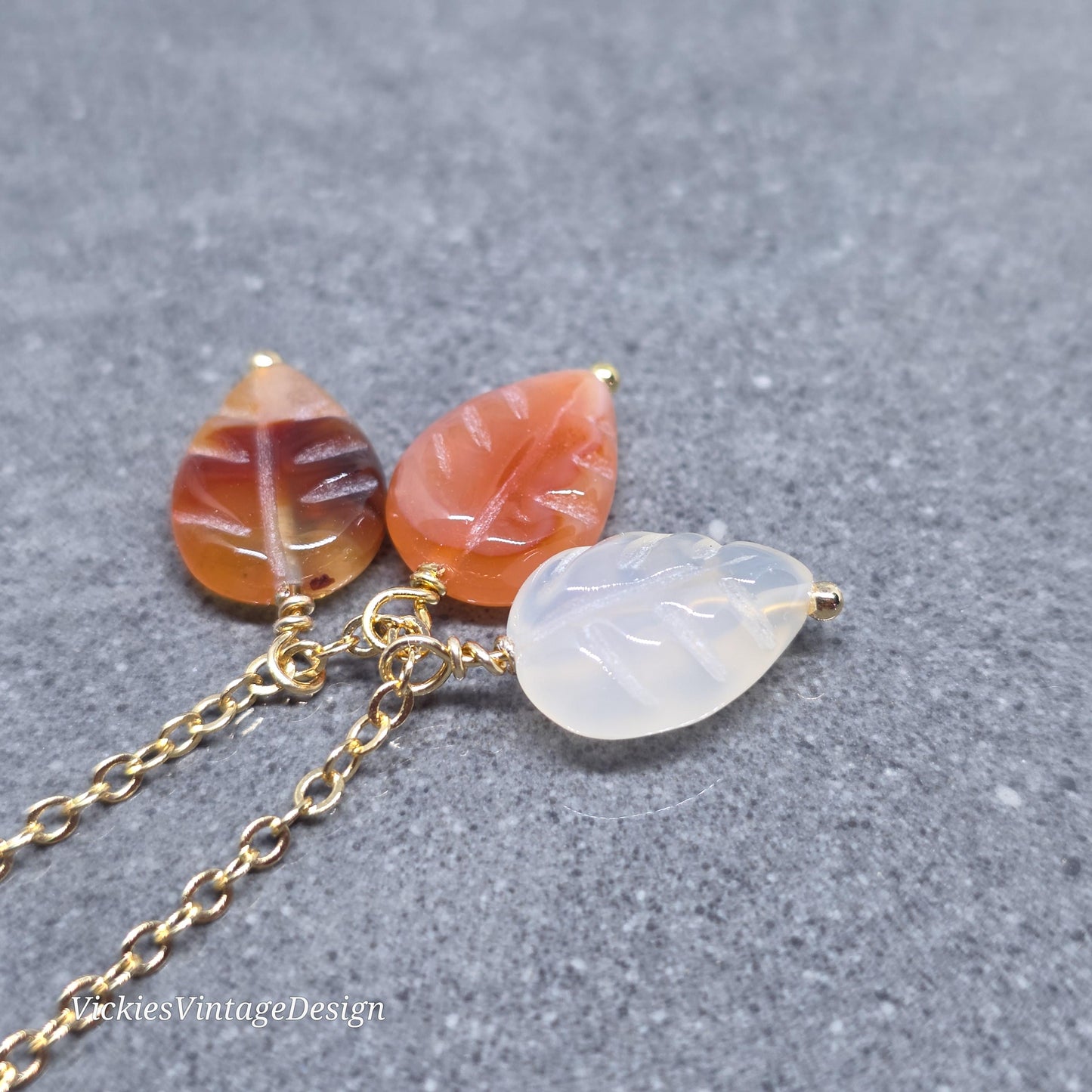 Glass Leaf Necklace with Real 18K Gold Plated Chain: Autumnal Burnt Orange