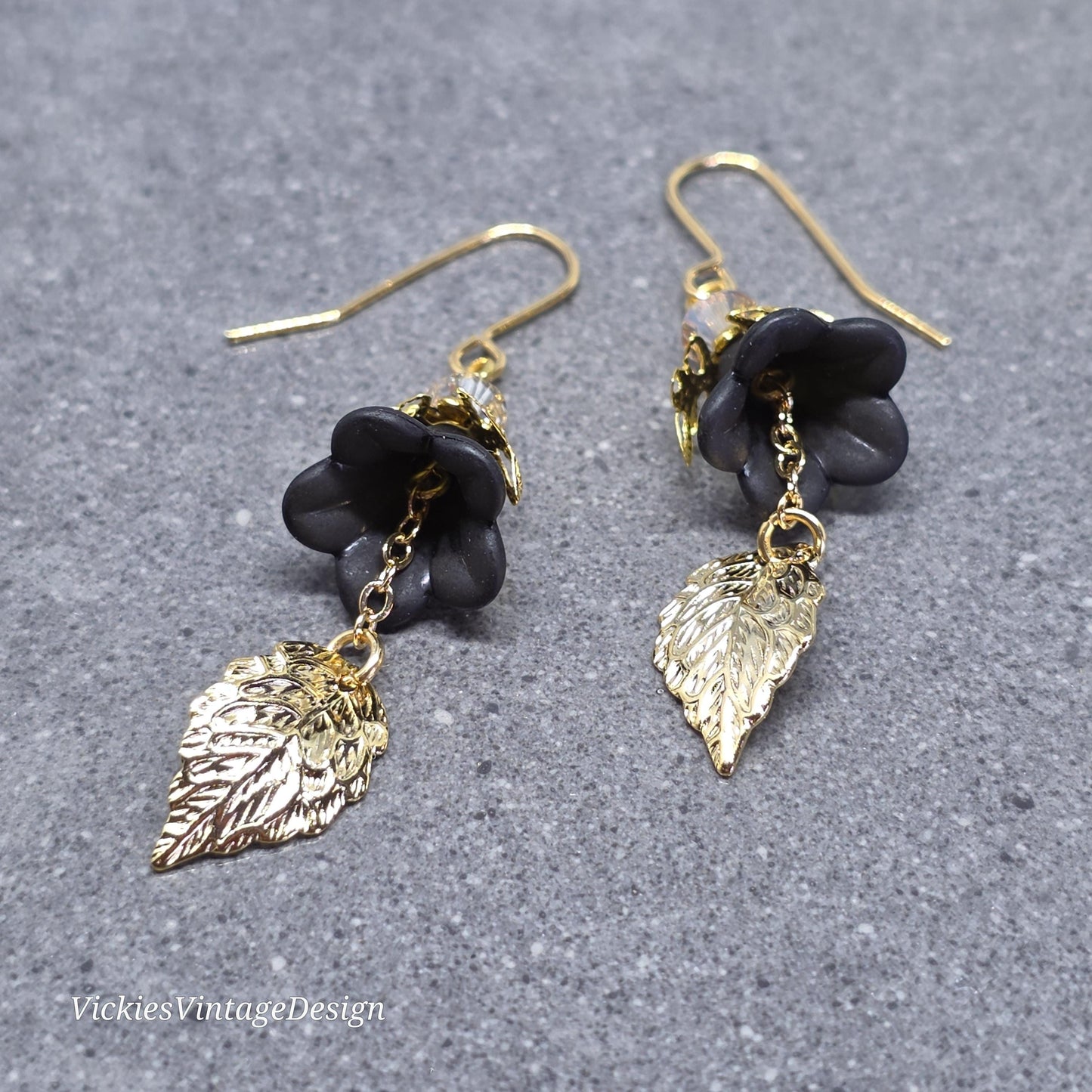 Black Flower Earrings with Gold PRIMERO Crystals® and a Choice of Ear Wires