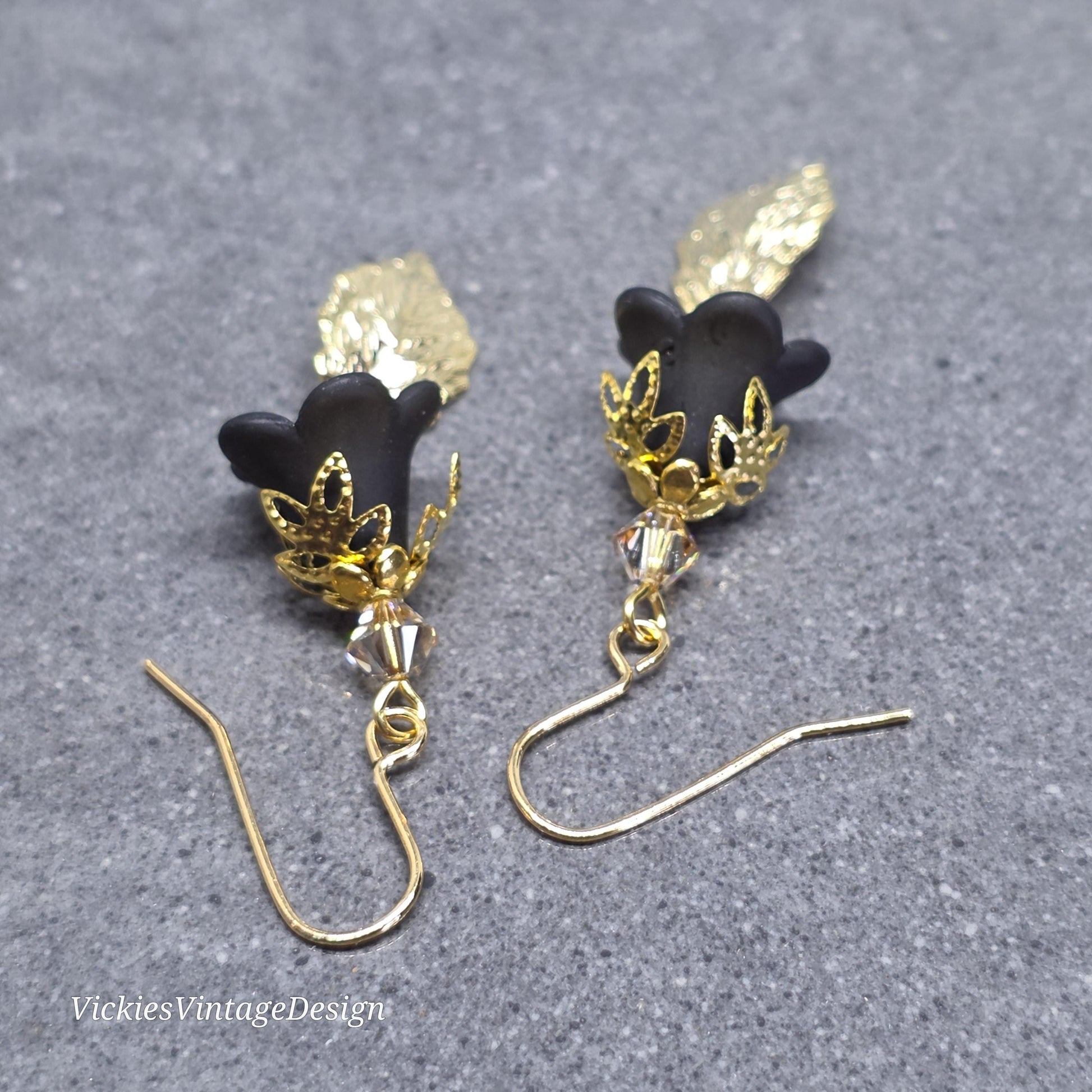 Black Flower Earrings with Gold PRIMERO Crystals® and a Choice of Ear Wires