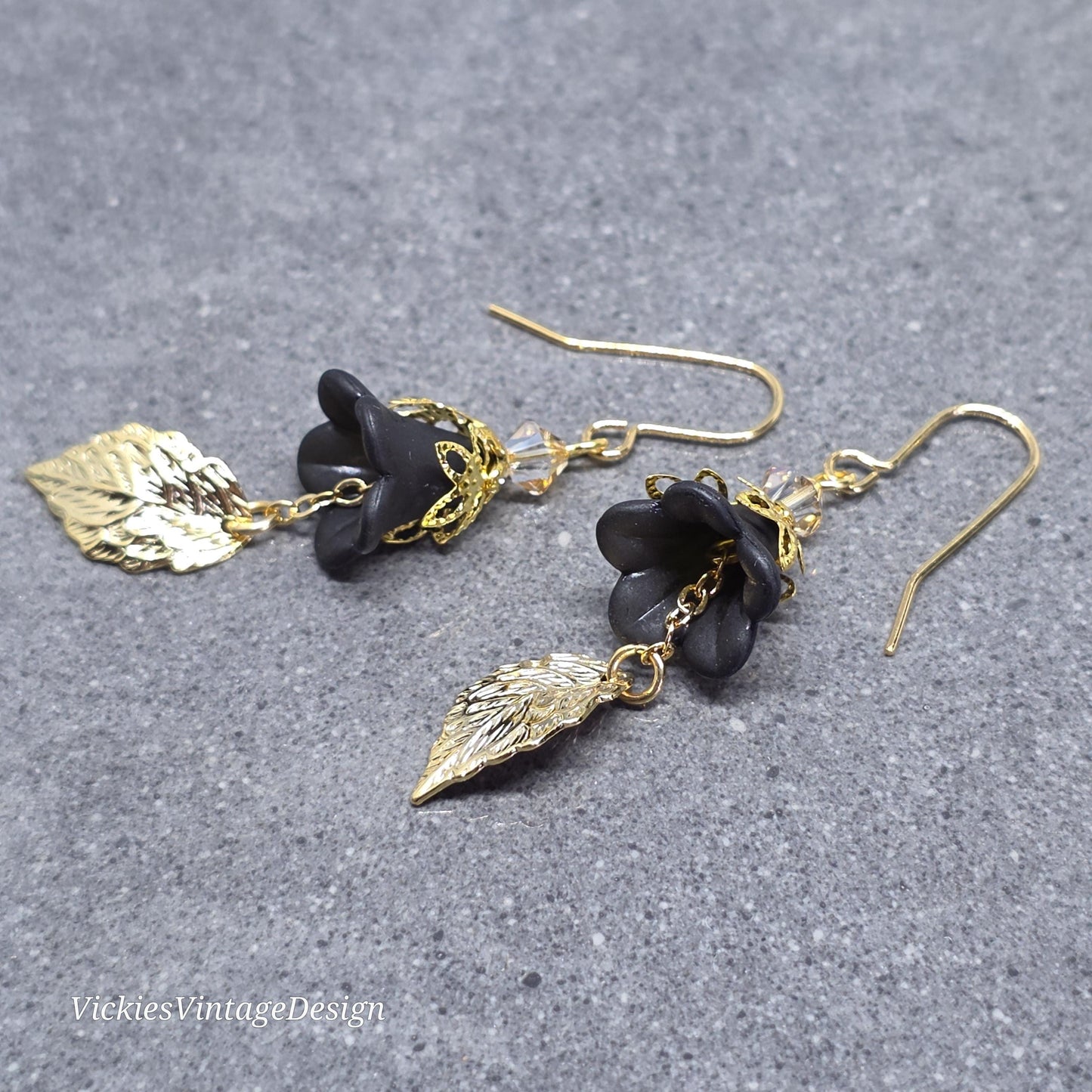 Black Flower Earrings with Gold PRIMERO Crystals® and a Choice of Ear Wires