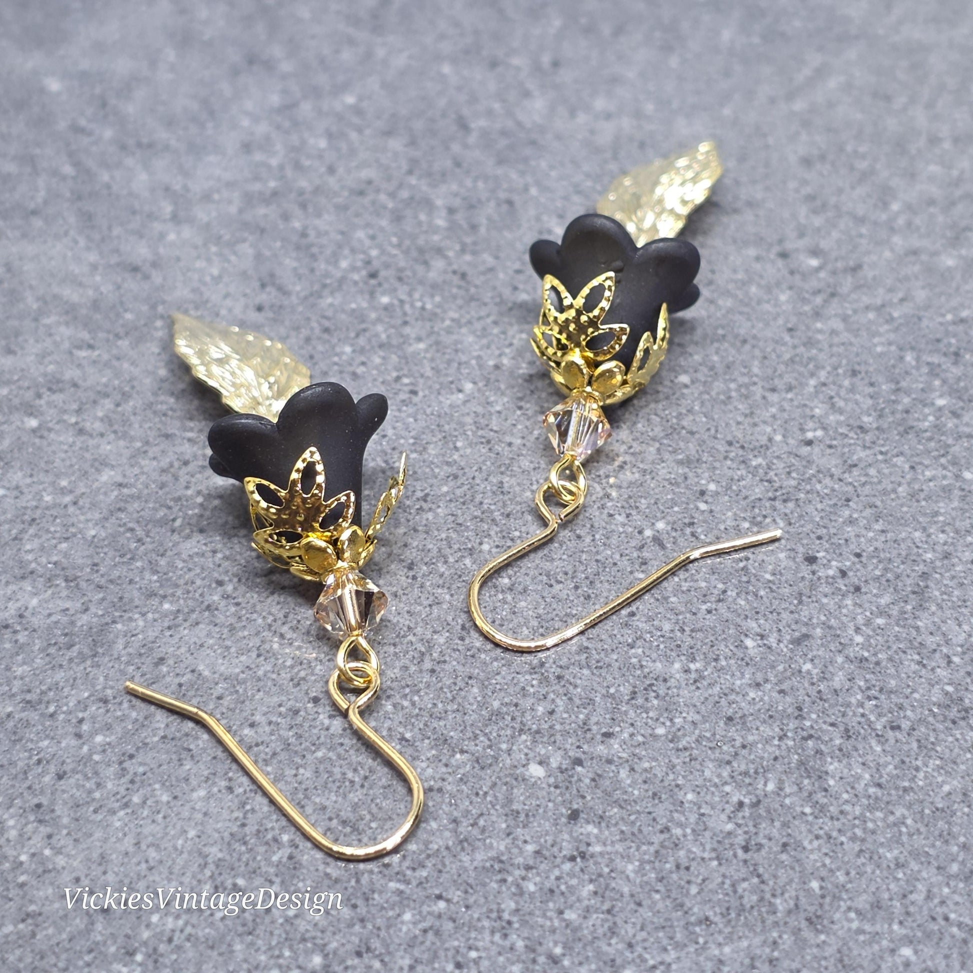 Black Flower Earrings with Gold PRIMERO Crystals® and a Choice of Ear Wires