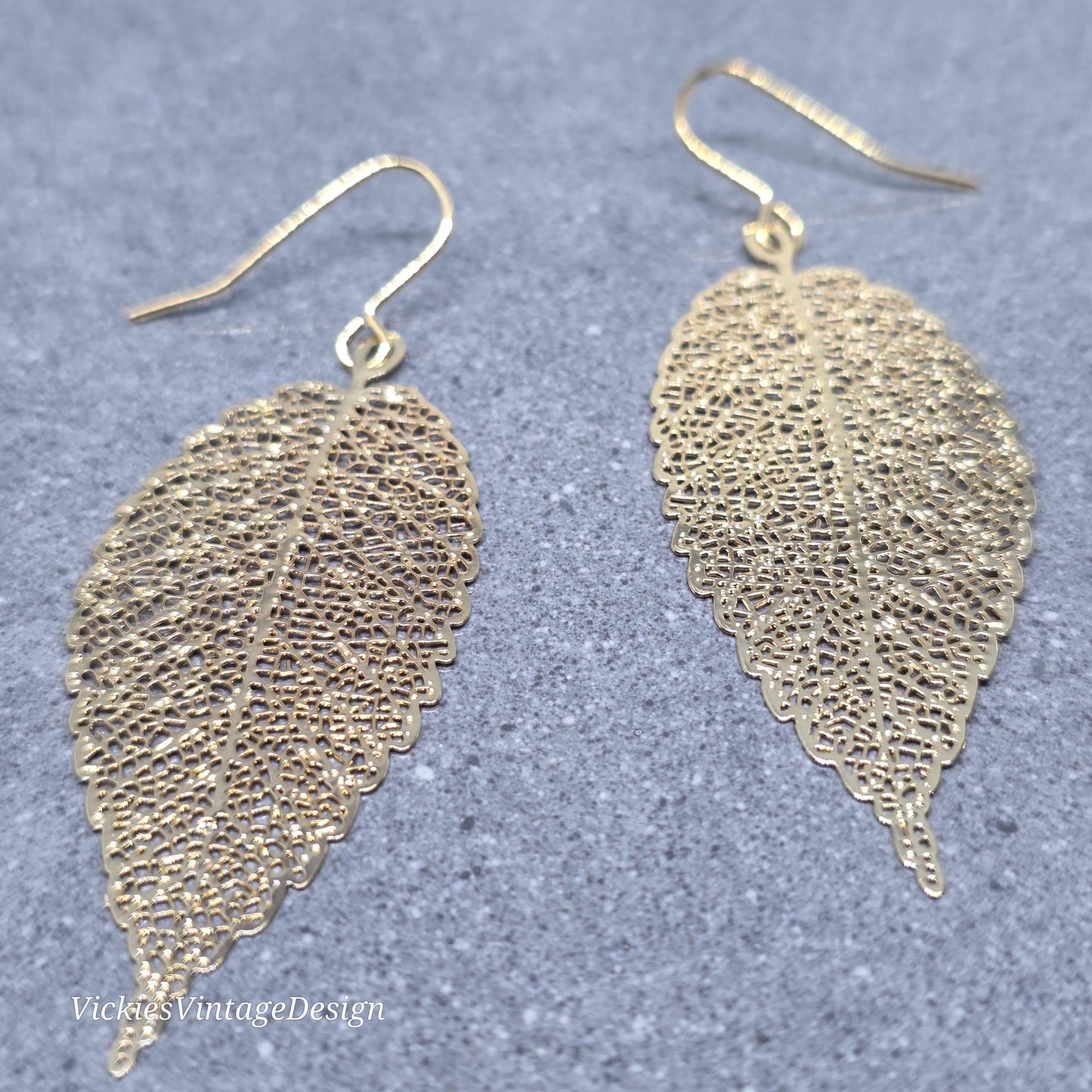Gold Filligree Leaf Earrings with a Choice of Ear Wires: Lightweight