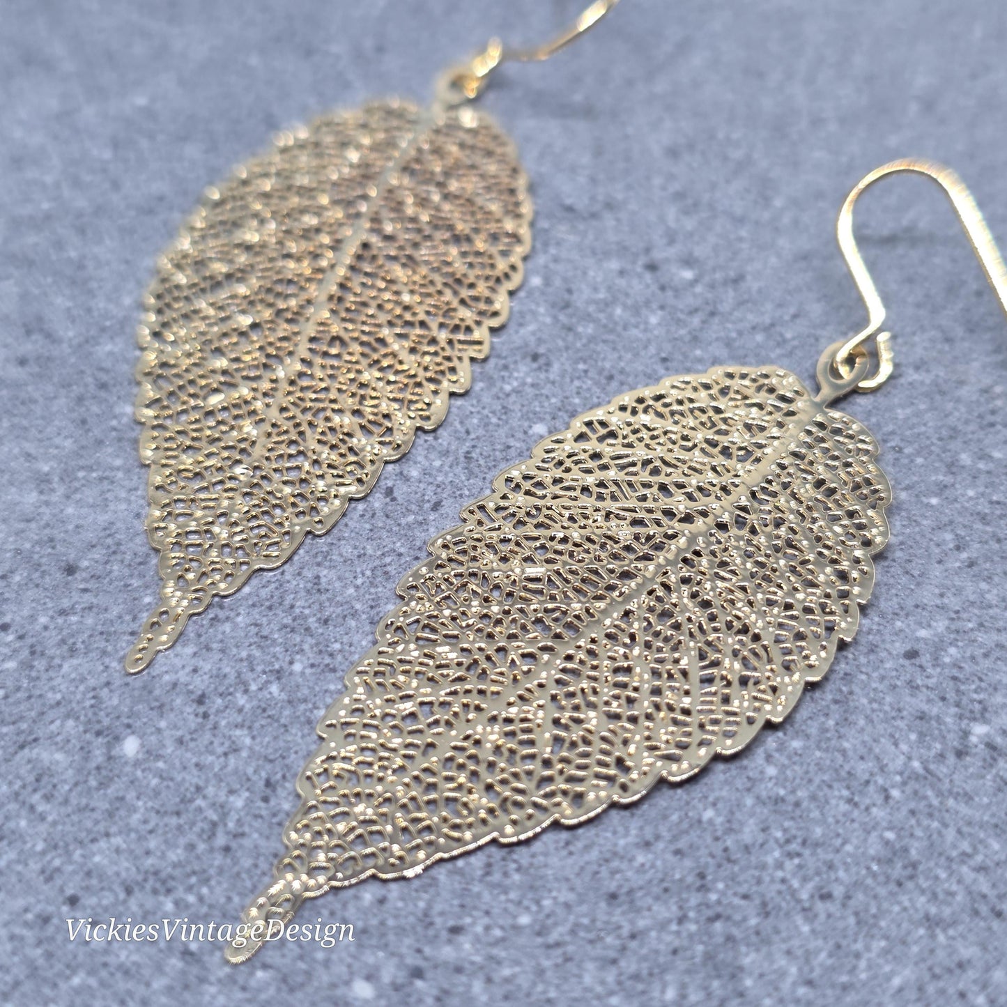 Gold Filligree Leaf Earrings with a Choice of Ear Wires: Lightweight