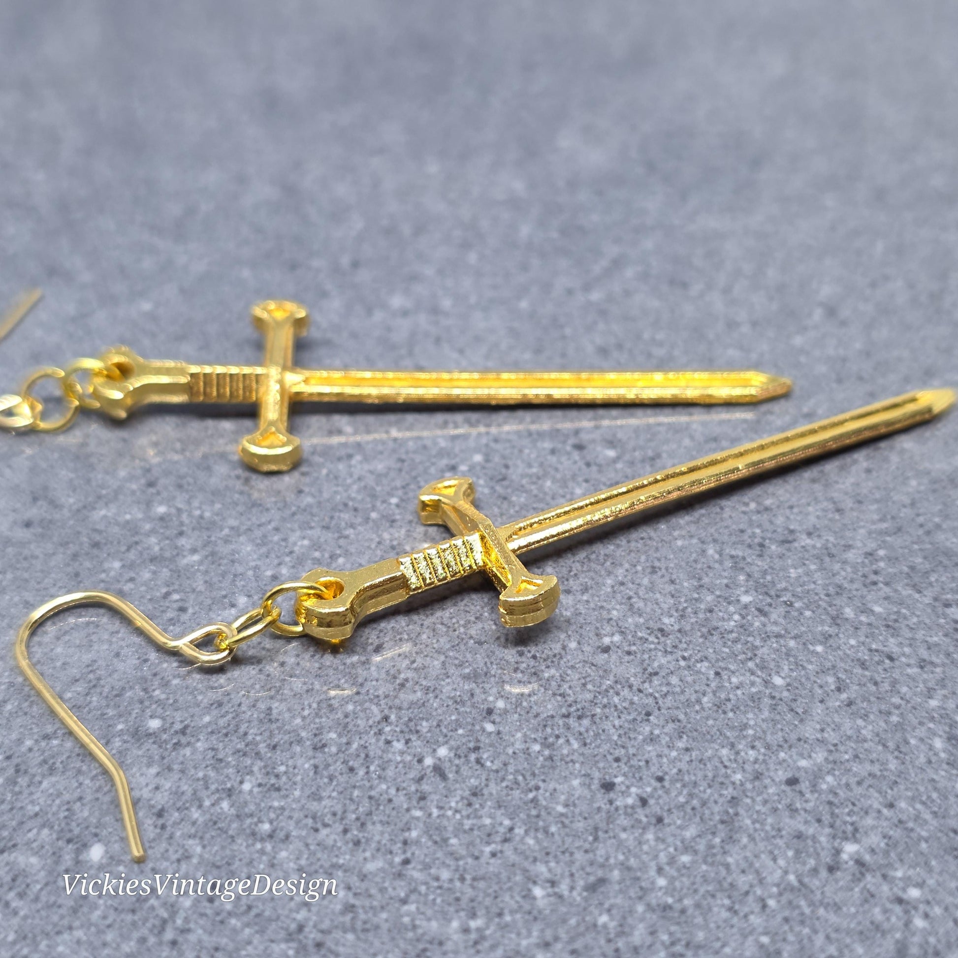 Miniature Sword Earrings with a Choice of Ear Wires, Gold Plated, Come as a Pair