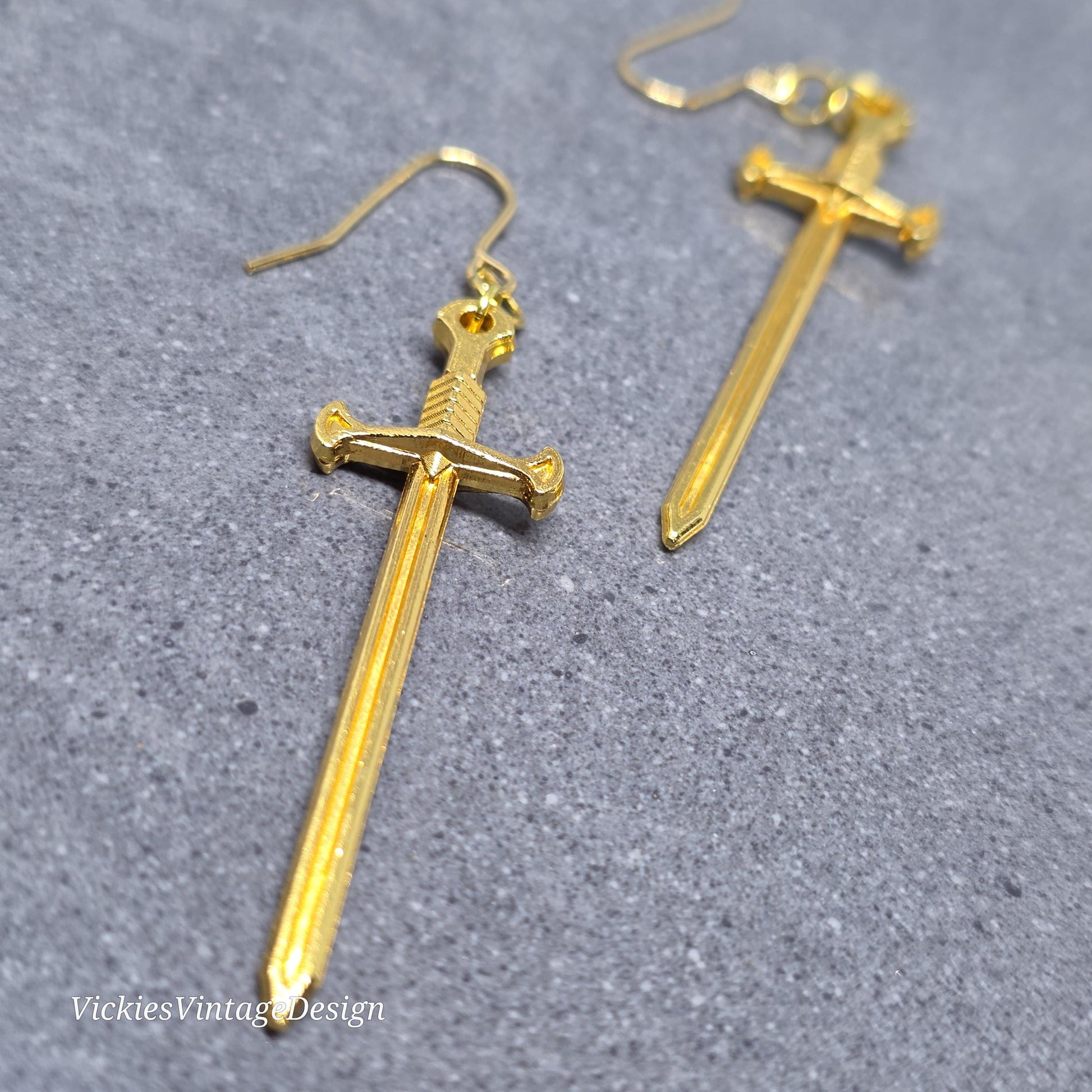 Miniature Sword Earrings with a Choice of Ear Wires, Gold Plated, Come as a Pair