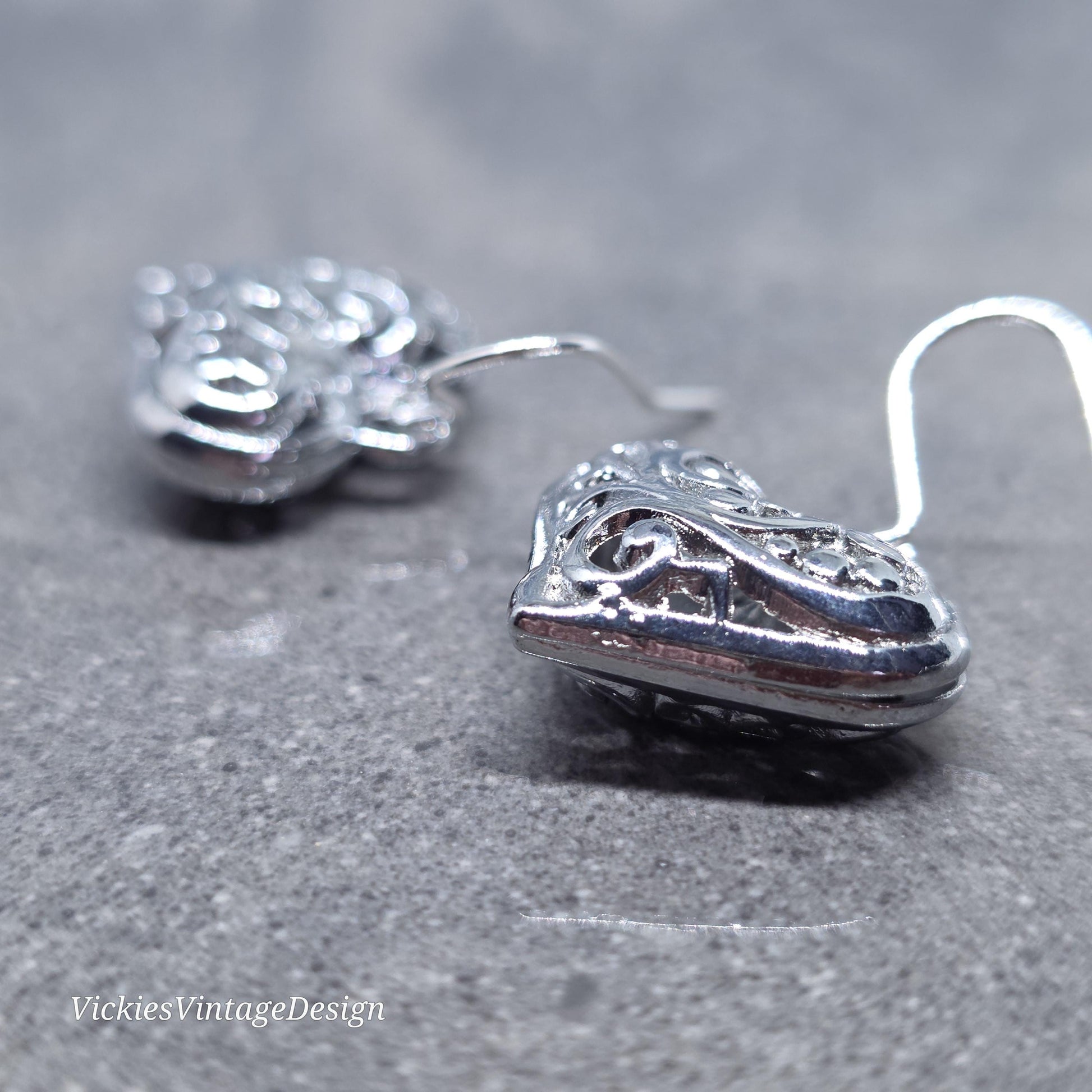 Heart Earrings, Filigree Heart earrings, Silver Heart Jewelry, Silver Pillow Filigree Heart Earrings