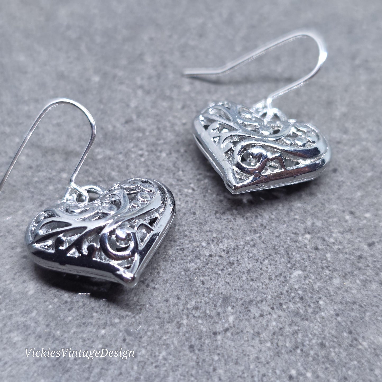 Heart Earrings, Filigree Heart earrings, Silver Heart Jewelry, Silver Pillow Filigree Heart Earrings