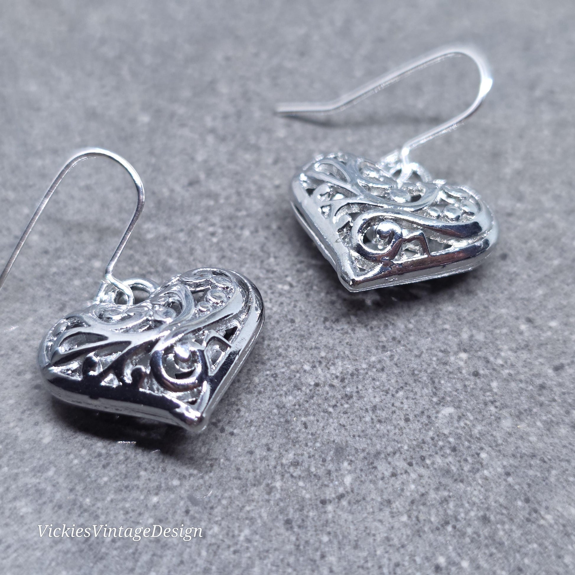 Heart Earrings, Filigree Heart earrings, Silver Heart Jewelry, Silver Pillow Filigree Heart Earrings