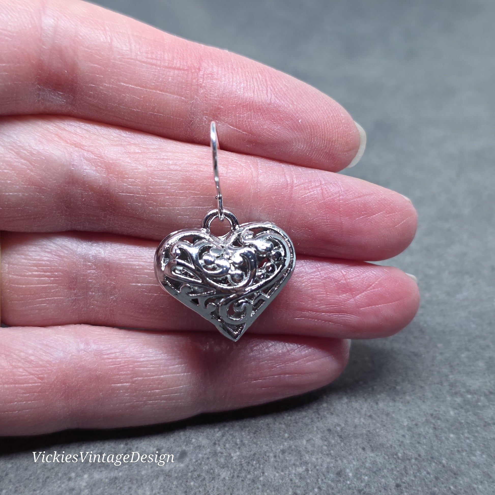 Heart Earrings, Filigree Heart earrings, Silver Heart Jewelry, Silver Pillow Filigree Heart Earrings