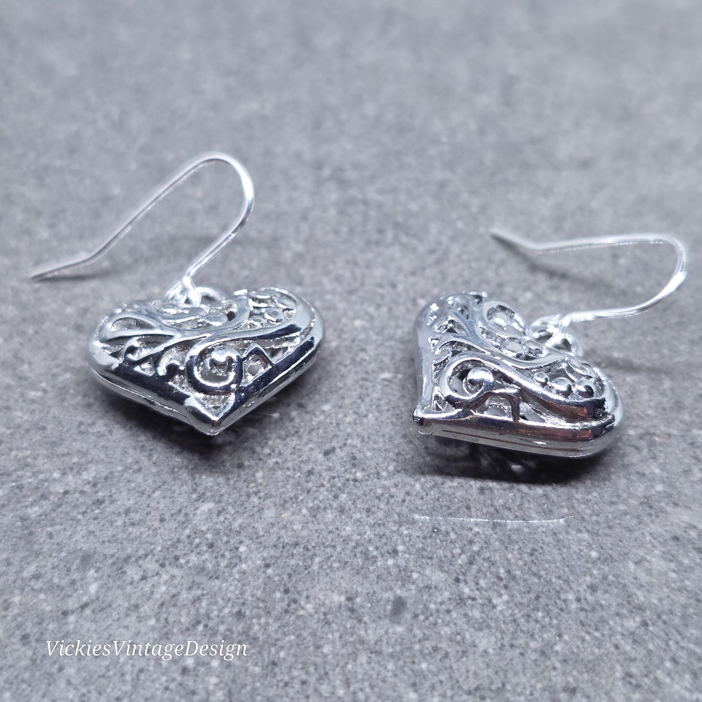 Heart Earrings, Filigree Heart earrings, Silver Heart Jewelry, Silver Pillow Filigree Heart Earrings