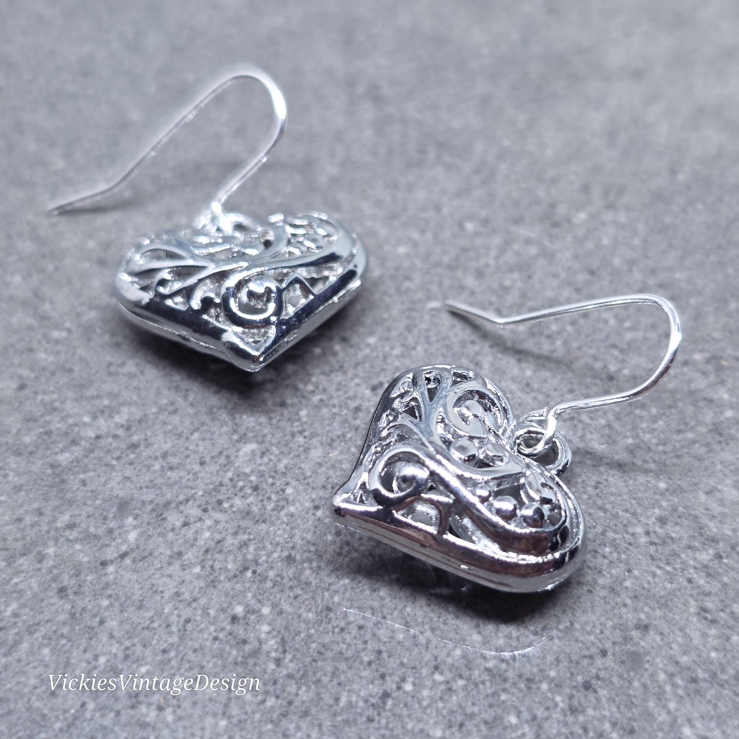 Heart Earrings, Filigree Heart earrings, Silver Heart Jewelry, Silver Pillow Filigree Heart Earrings