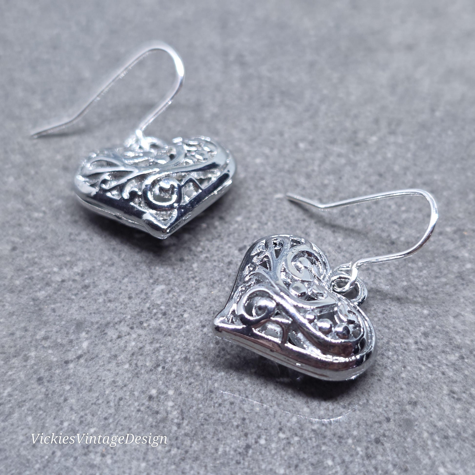 Heart Earrings, Filigree Heart earrings, Silver Heart Jewelry, Silver Pillow Filigree Heart Earrings