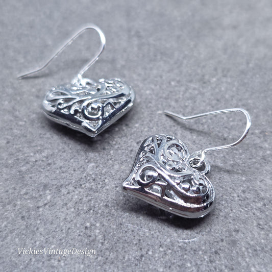 Heart Earrings, Filigree Heart earrings, Silver Heart Jewelry, Silver Pillow Filigree Heart Earrings