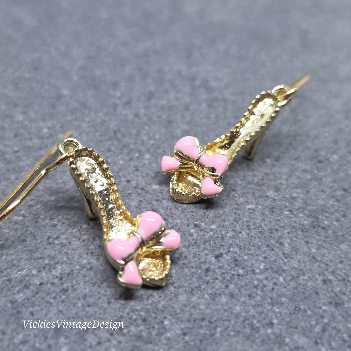 Shoe Earrings, Hypoallergenic Ear Wires, Kitten Heel Mule Earrings, High Heel Shoe Earrings, Stiletto Earrings, Gold Shoe Earrings, Pink Bow