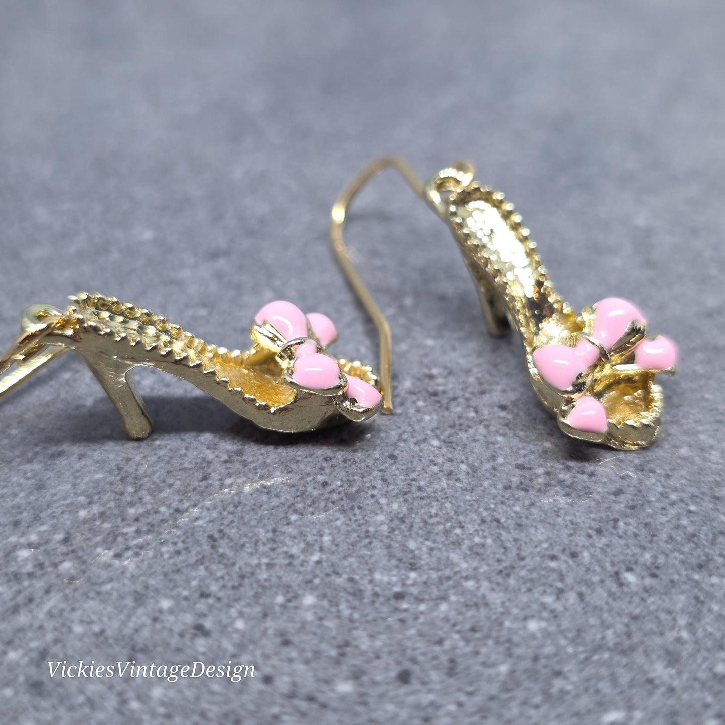 Shoe Earrings, Hypoallergenic Ear Wires, Kitten Heel Mule Earrings, High Heel Shoe Earrings, Stiletto Earrings, Gold Shoe Earrings, Pink Bow