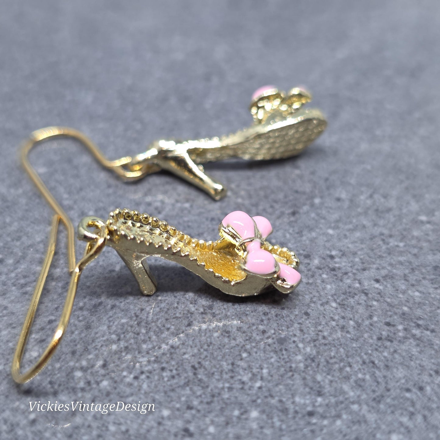 Shoe Earrings, Hypoallergenic Ear Wires, Kitten Heel Mule Earrings, High Heel Shoe Earrings, Stiletto Earrings, Gold Shoe Earrings, Pink Bow
