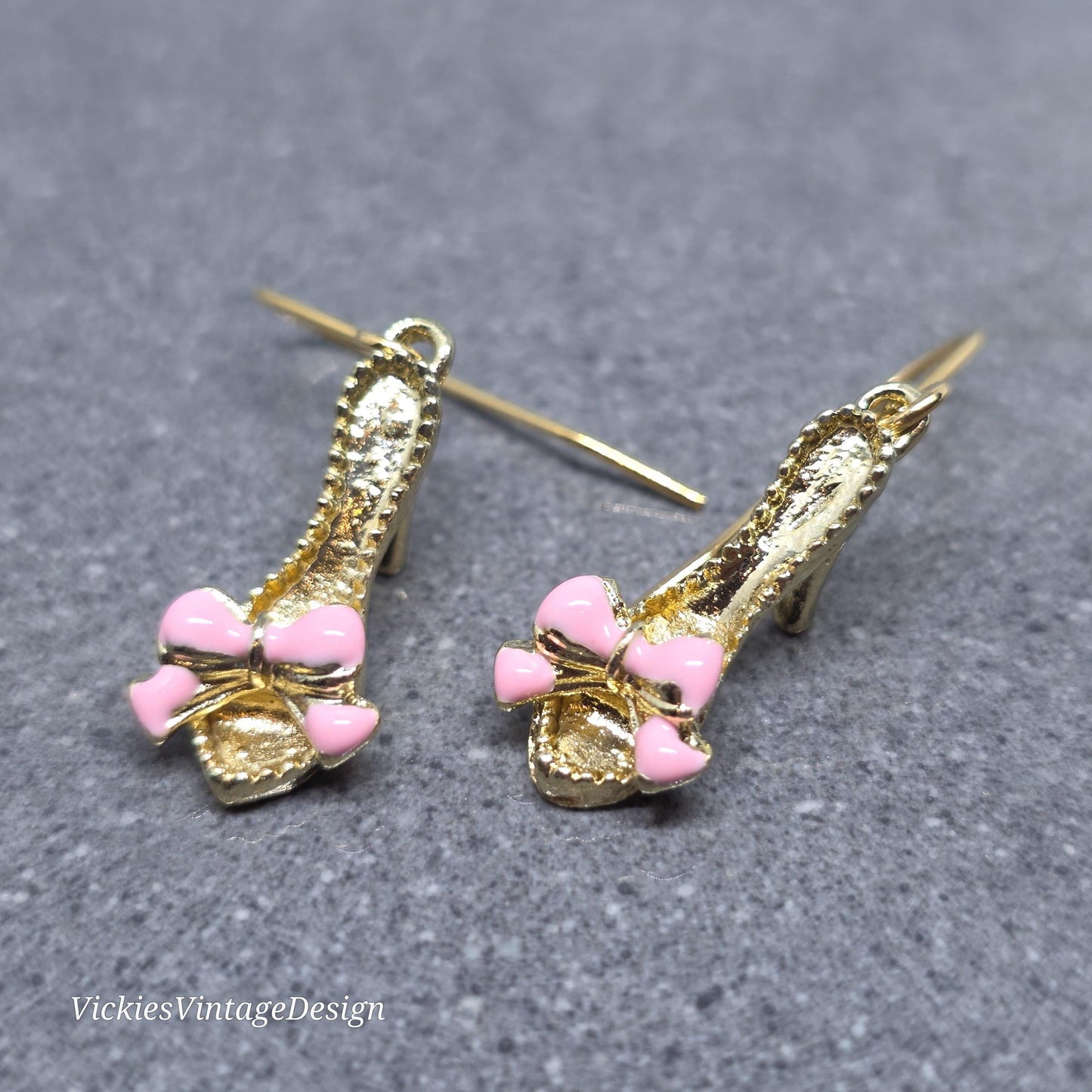 Shoe Earrings, Hypoallergenic Ear Wires, Kitten Heel Mule Earrings, High Heel Shoe Earrings, Stiletto Earrings, Gold Shoe Earrings, Pink Bow