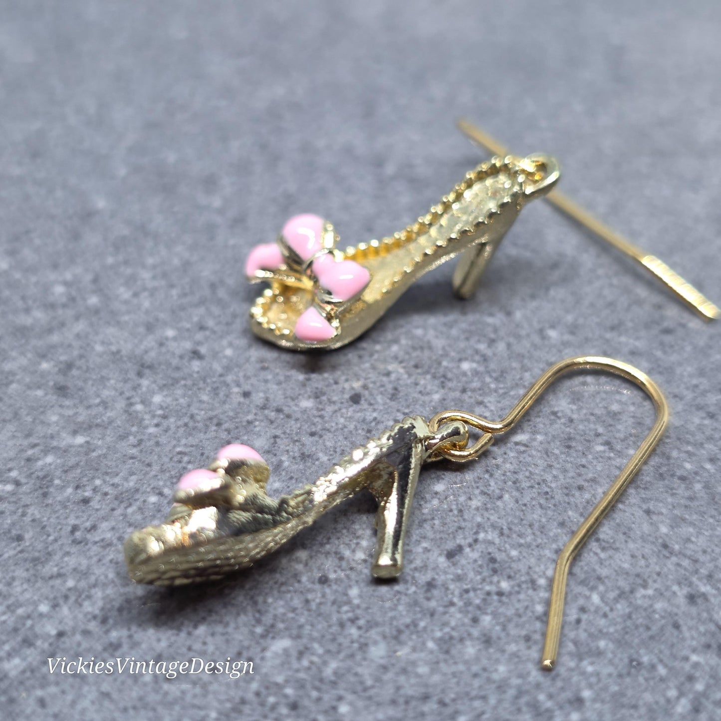 Shoe Earrings, Hypoallergenic Ear Wires, Kitten Heel Mule Earrings, High Heel Shoe Earrings, Stiletto Earrings, Gold Shoe Earrings, Pink Bow