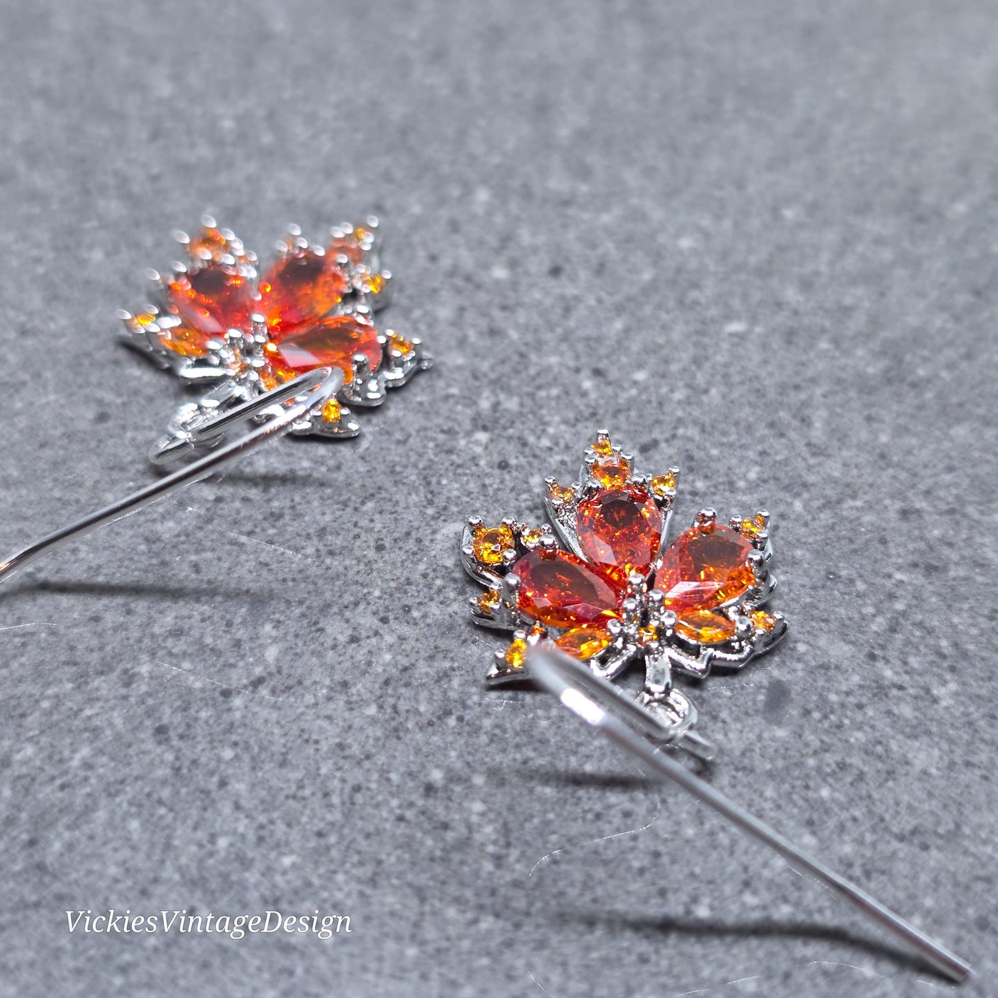 Maple Leaf Earrings with a Choice of Ear Wires: Burnt Orange Brass Micro Pave Cubic Zirconia, Platinum Plated