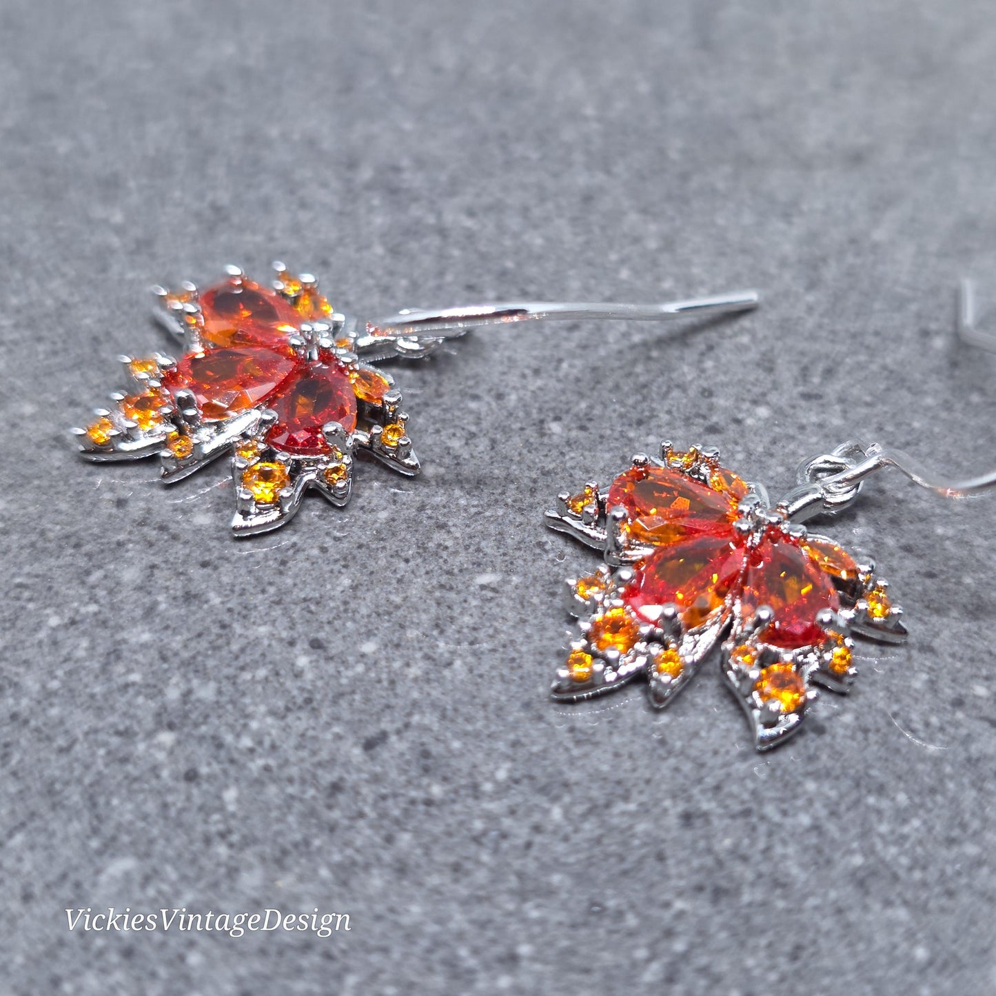 Maple Leaf Earrings with a Choice of Ear Wires: Burnt Orange Brass Micro Pave Cubic Zirconia, Platinum Plated