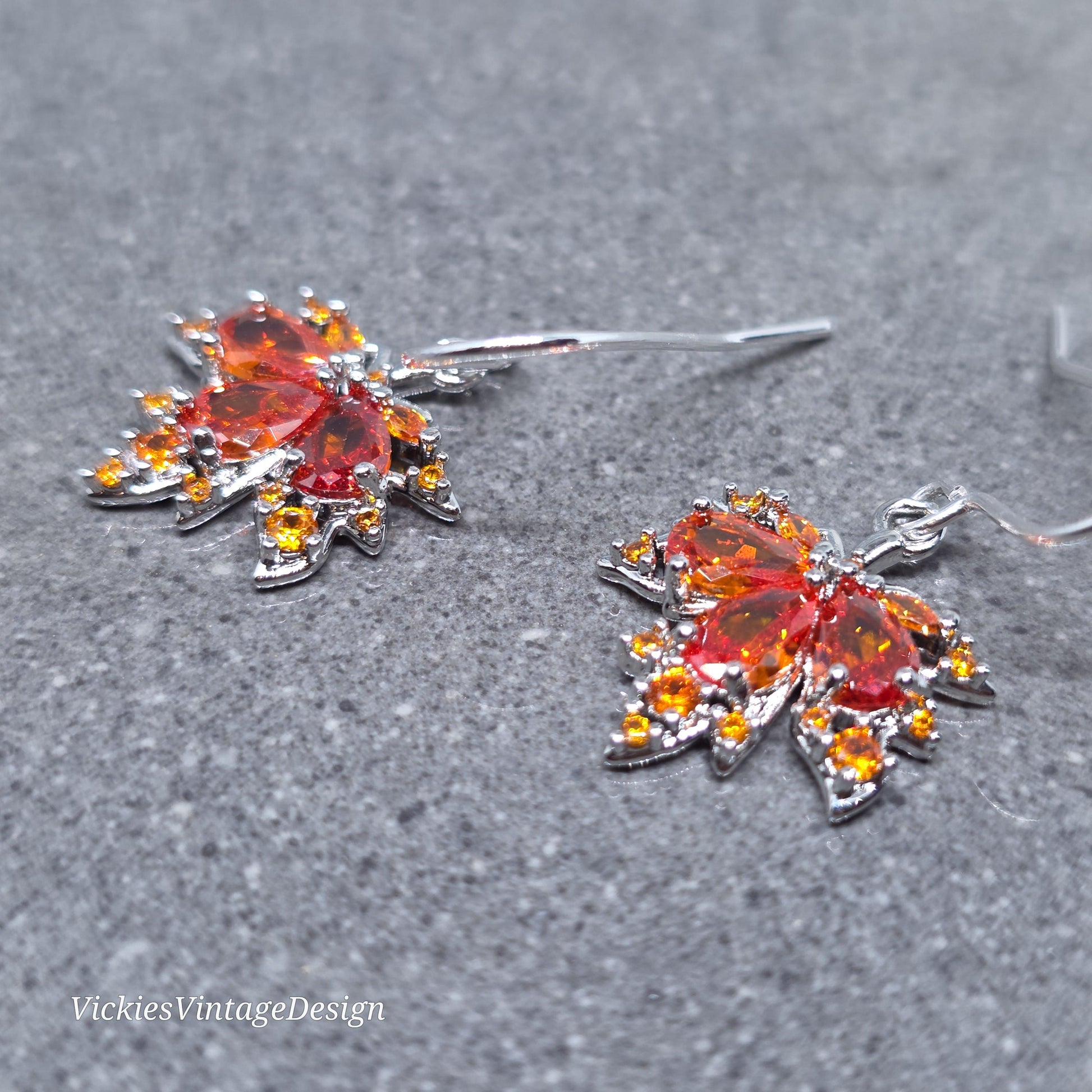 Maple Leaf Earrings with a Choice of Ear Wires: Burnt Orange Brass Micro Pave Cubic Zirconia, Platinum Plated