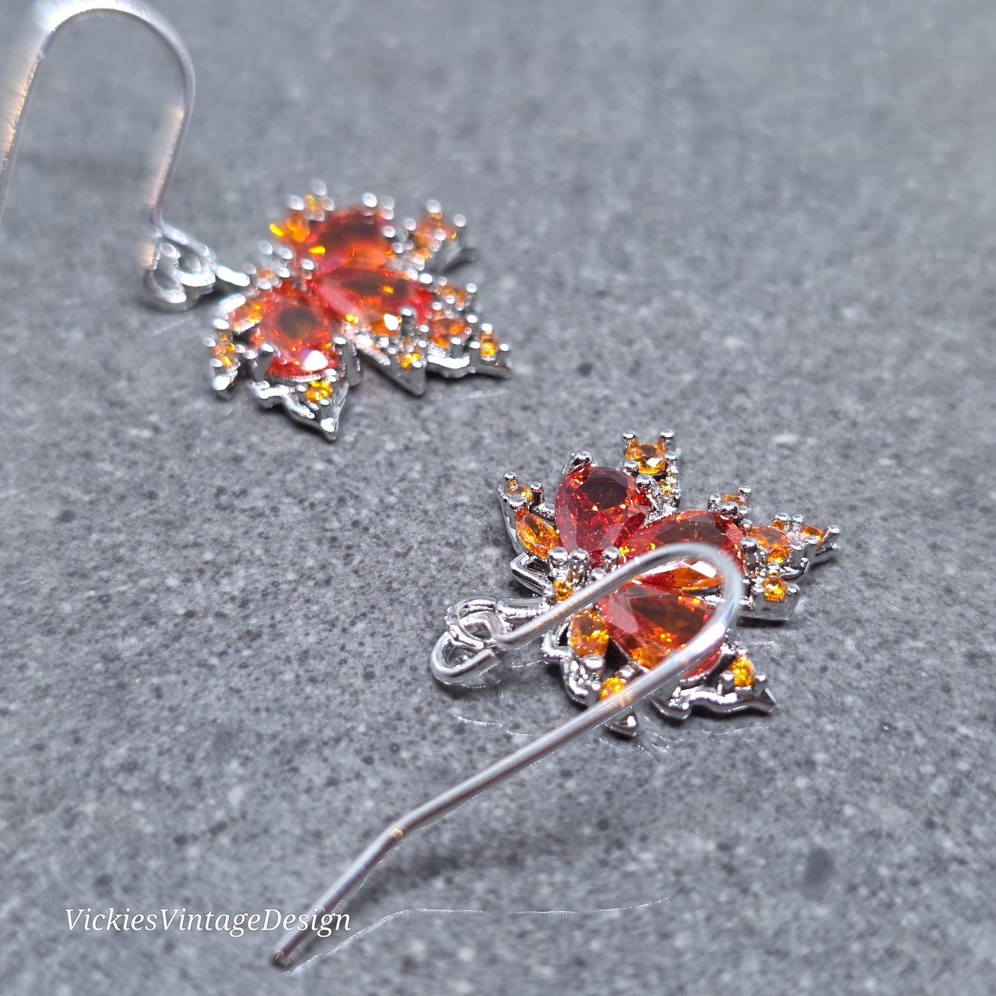 Maple Leaf Earrings with a Choice of Ear Wires: Burnt Orange Brass Micro Pave Cubic Zirconia, Platinum Plated