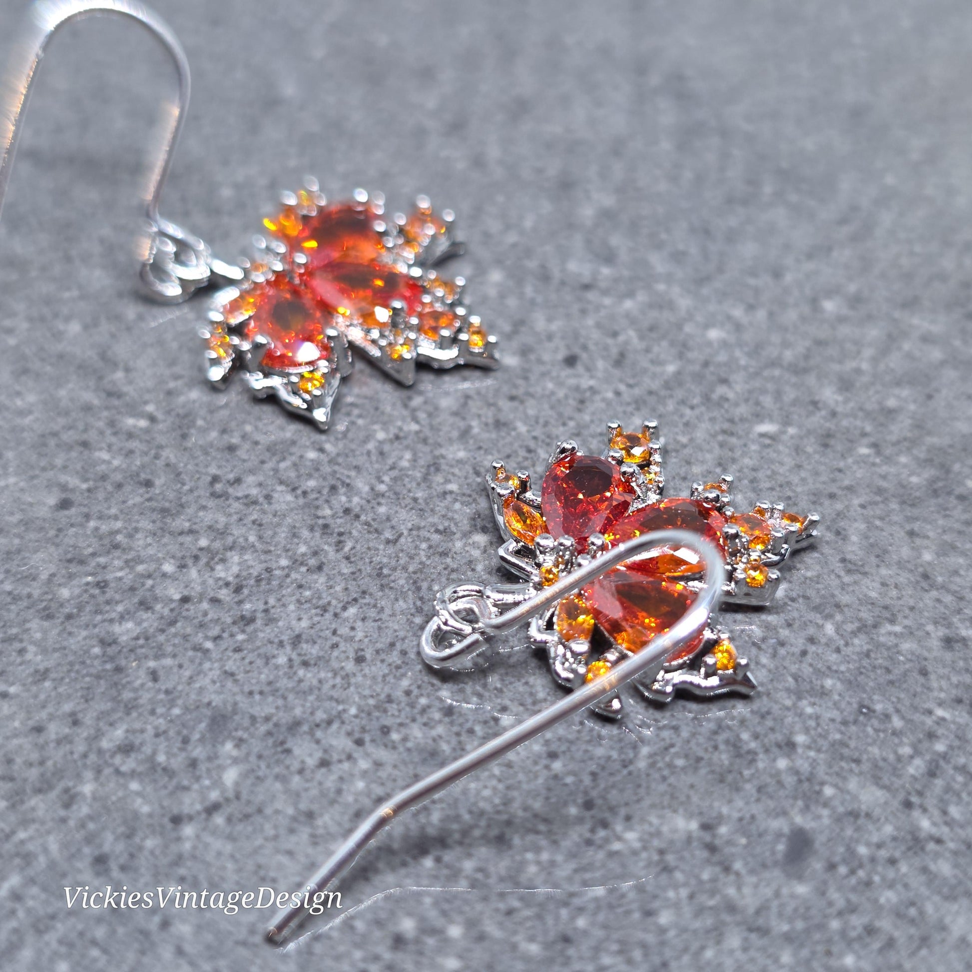 Maple Leaf Earrings with a Choice of Ear Wires: Burnt Orange Brass Micro Pave Cubic Zirconia, Platinum Plated