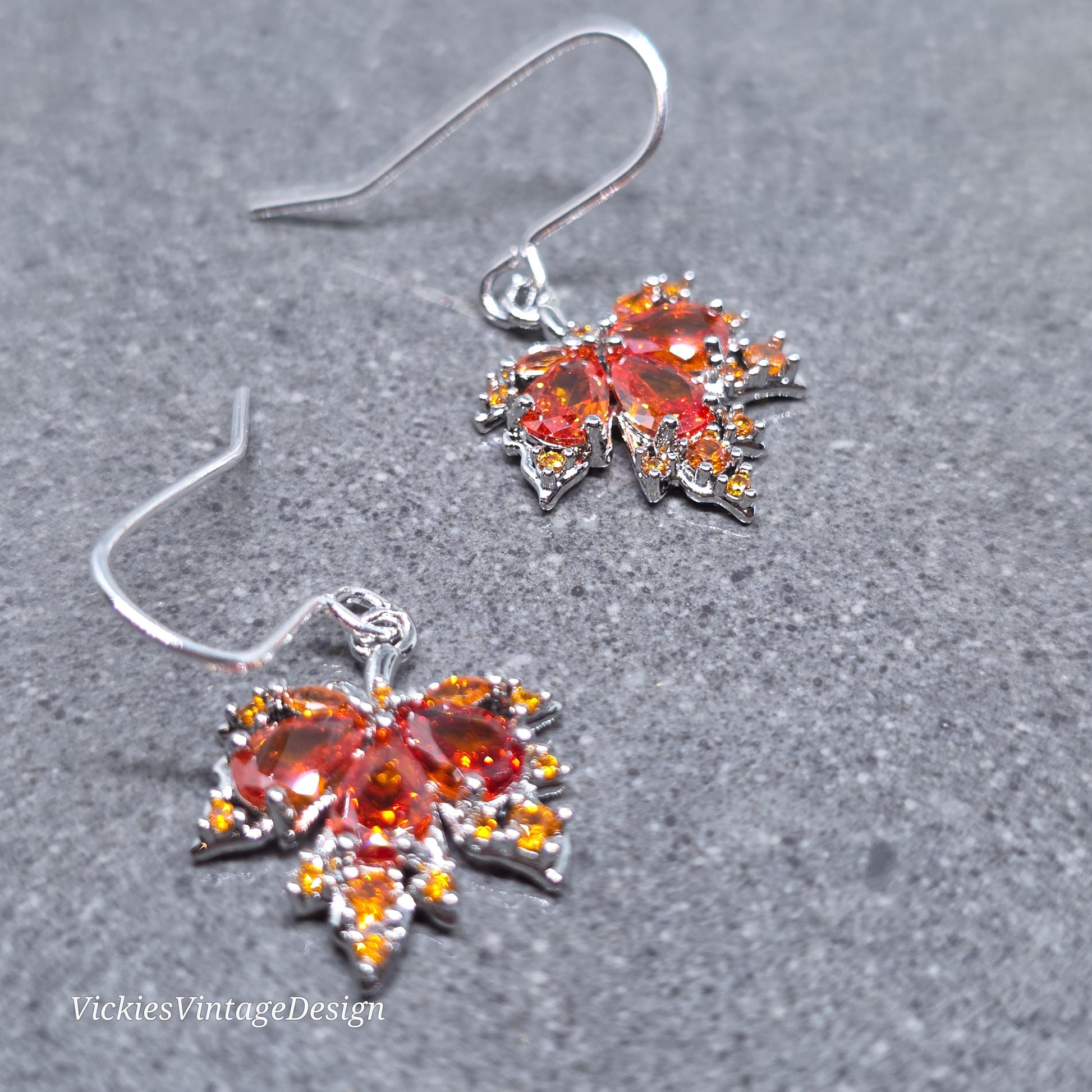 Maple Leaf Earrings with a Choice of Ear Wires: Burnt Orange Brass Micro Pave Cubic Zirconia, Platinum Plated
