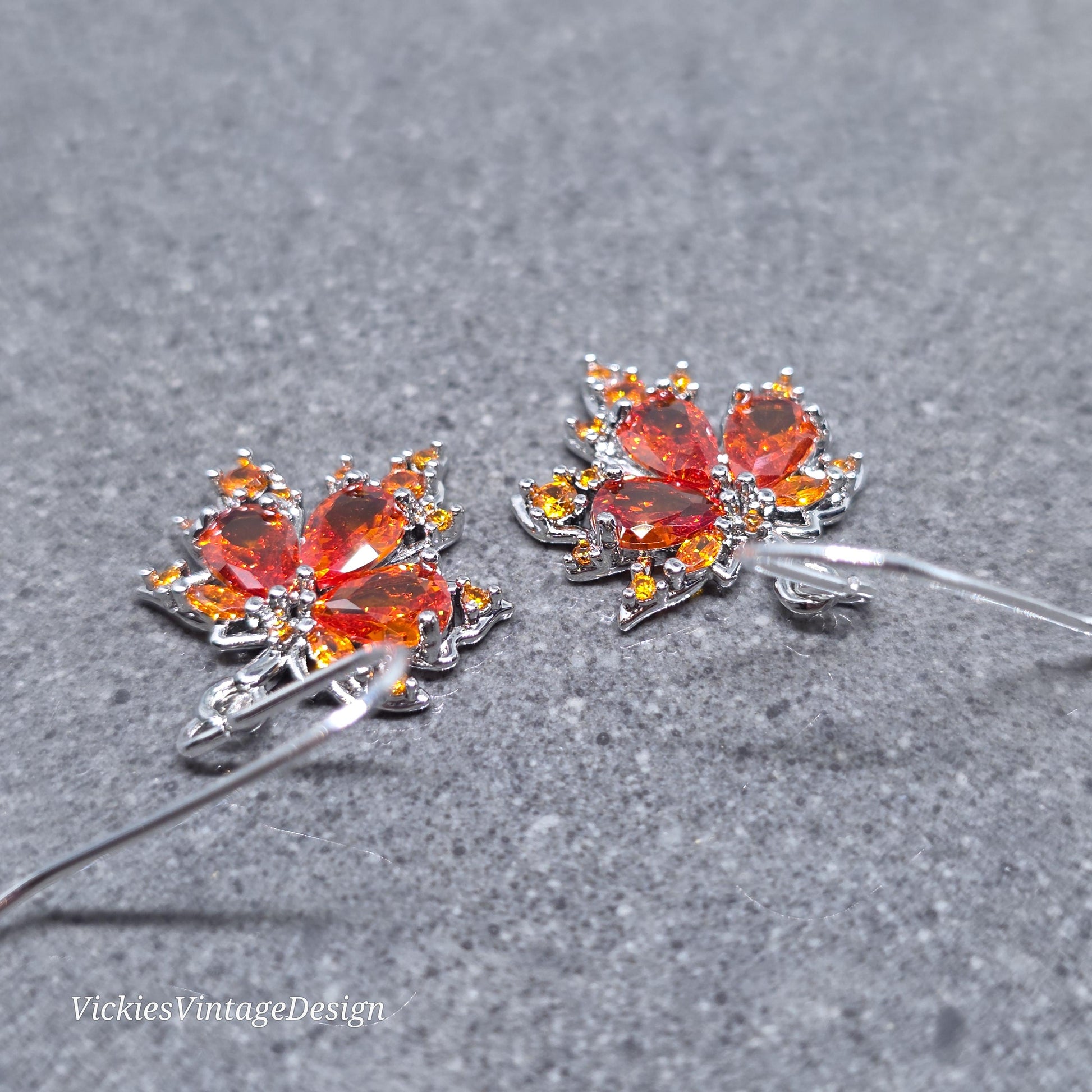 Maple Leaf Earrings with a Choice of Ear Wires: Burnt Orange Brass Micro Pave Cubic Zirconia, Platinum Plated