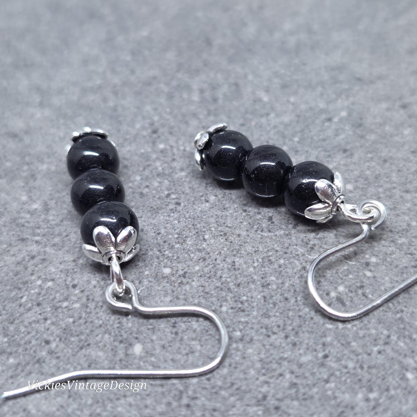 Glass Black Pearl Earrings, Sterling Silver or Hypoallergenic Ear Wires, Round Black Pearls