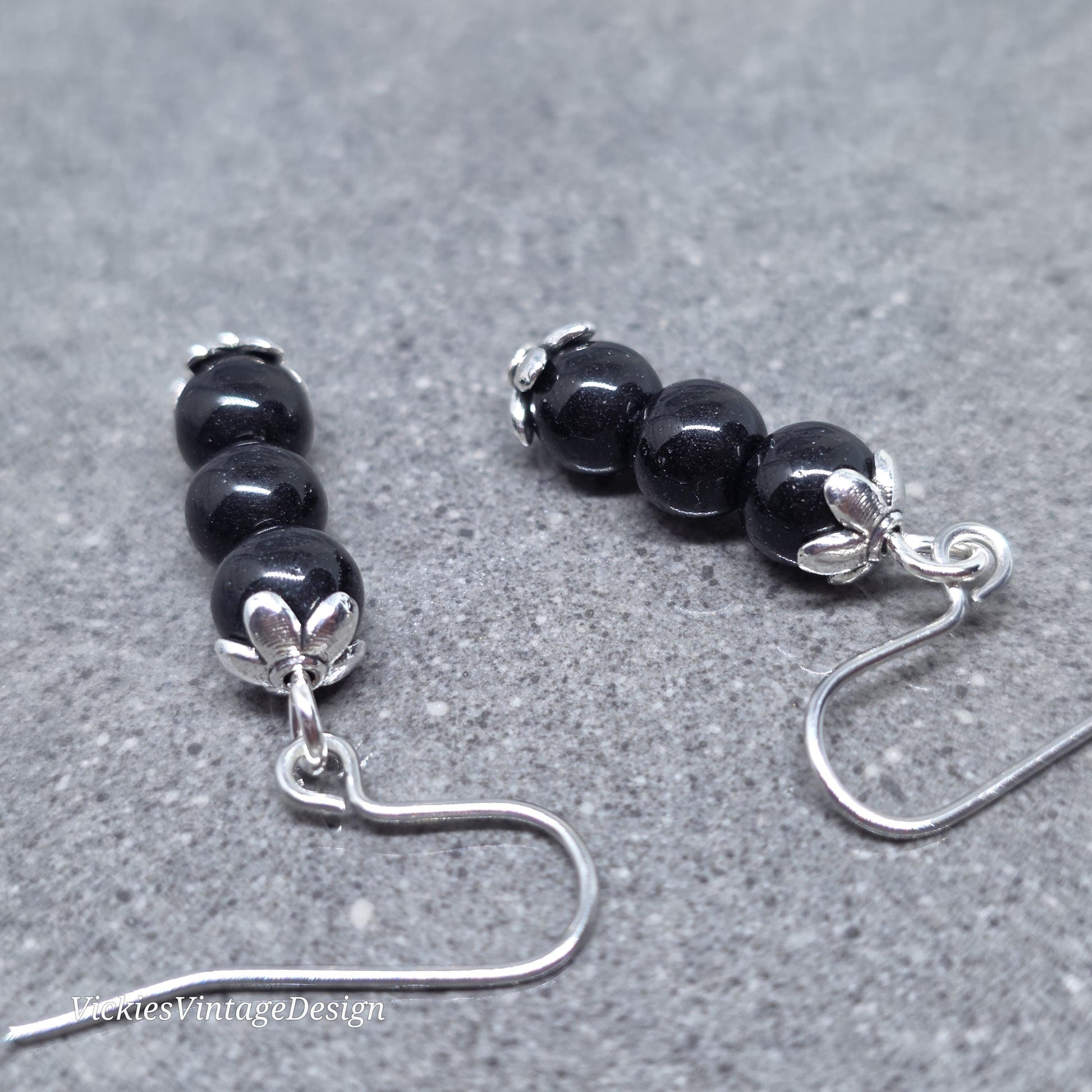 Glass Black Pearl Earrings, Sterling Silver or Hypoallergenic Ear Wires, Round Black Pearls