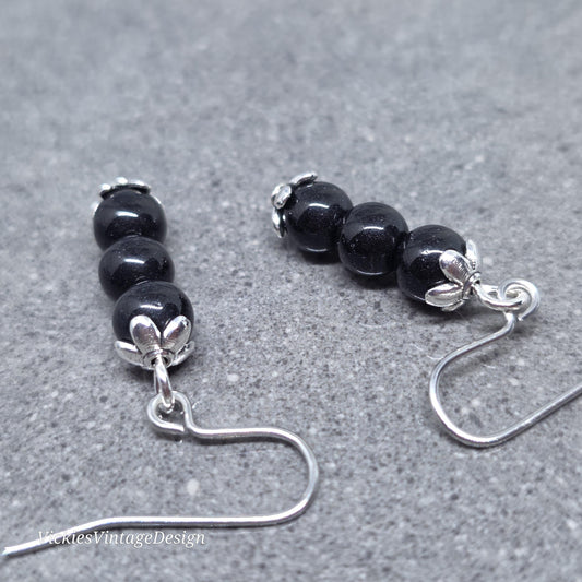 Glass Black Pearl Earrings, Sterling Silver or Hypoallergenic Ear Wires, Round Black Pearls