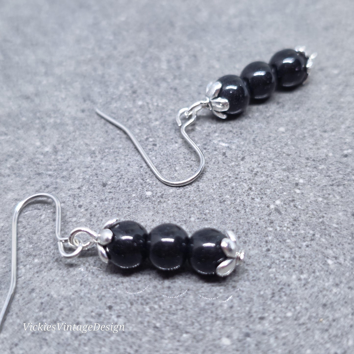 Glass Black Pearl Earrings, Sterling Silver or Hypoallergenic Ear Wires, Round Black Pearls