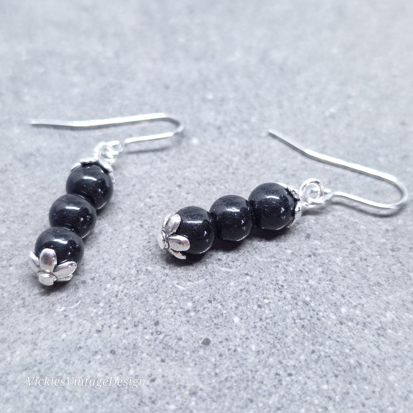 Glass Black Pearl Earrings, Sterling Silver or Hypoallergenic Ear Wires, Round Black Pearls