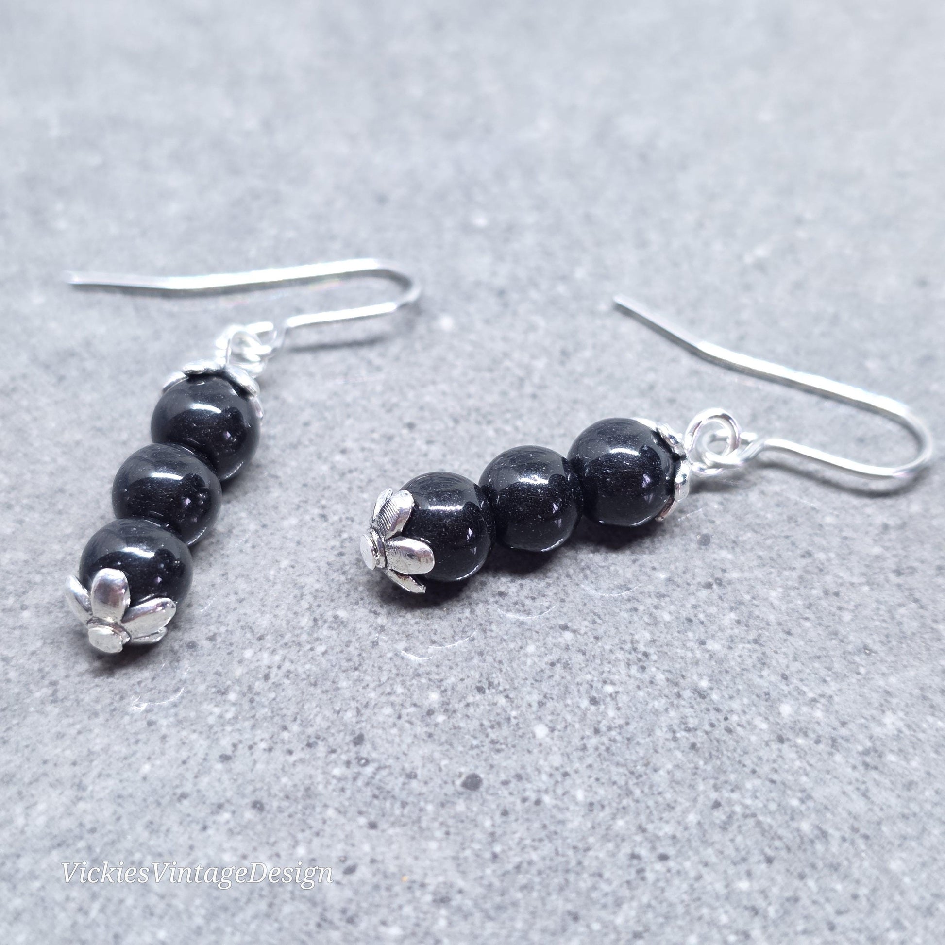 Glass Black Pearl Earrings, Sterling Silver or Hypoallergenic Ear Wires, Round Black Pearls