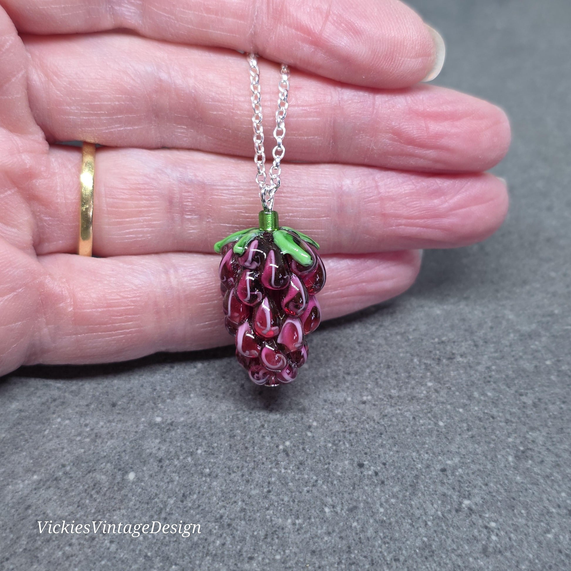 Glass Grape Necklace: Purple Berry Fruits, Choice of Chain