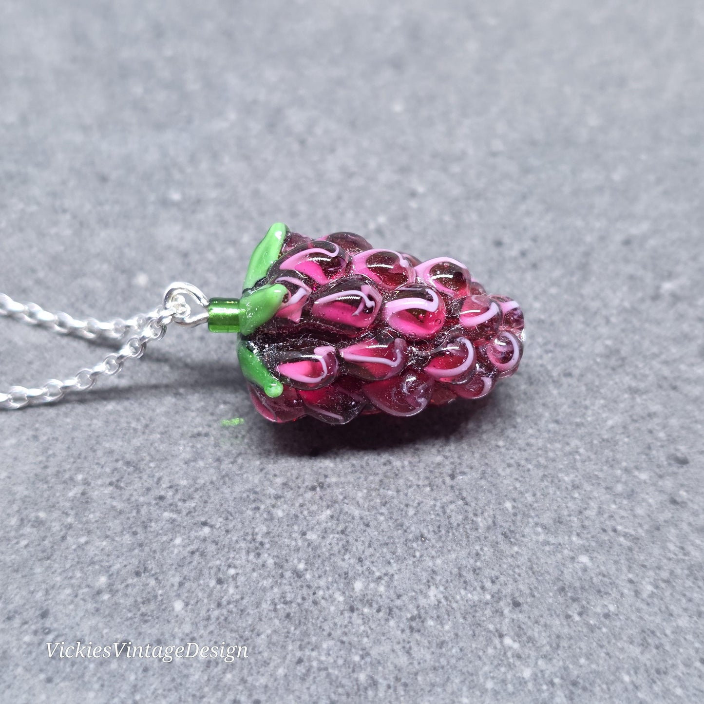 Glass Grape Necklace: Purple Berry Fruits, Choice of Chain