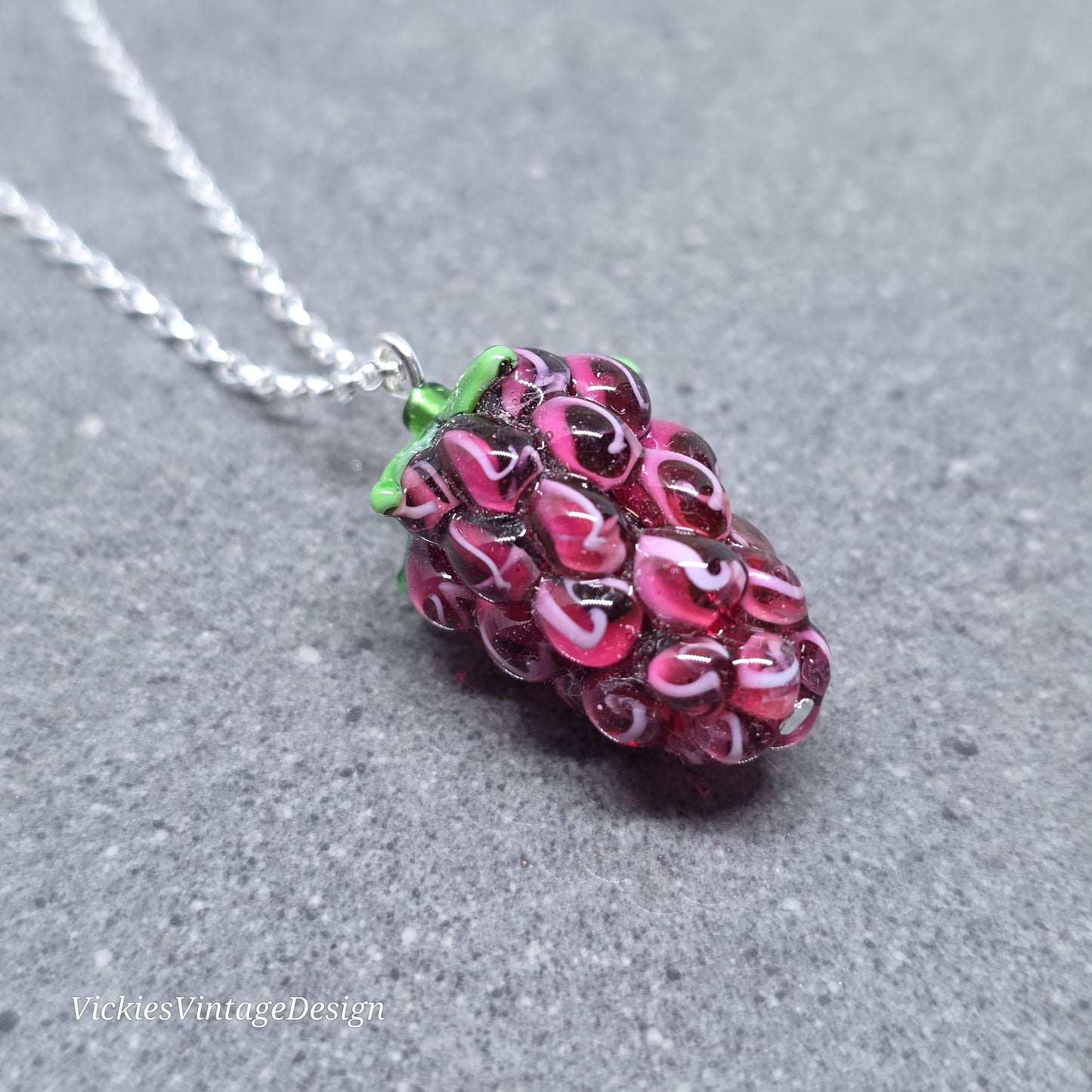 Glass Grape Necklace: Purple Berry Fruits, Choice of Chain