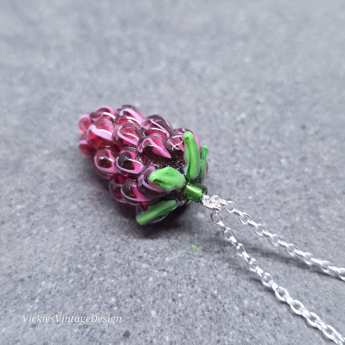 Glass Grape Necklace: Purple Berry Fruits, Choice of Chain