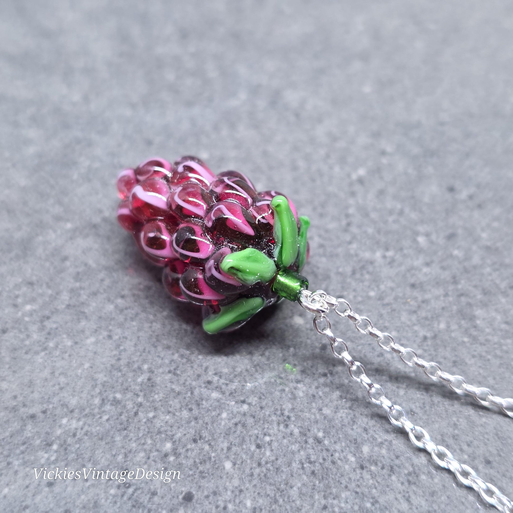 Glass Grape Necklace: Purple Berry Fruits, Choice of Chain