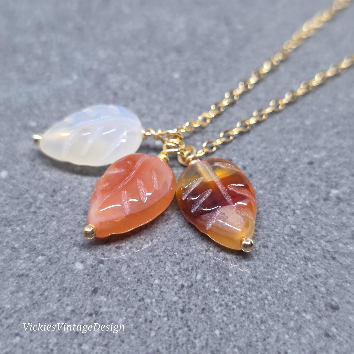 Glass Leaf Necklace with Real 18K Gold Plated Chain: Autumnal Burnt Orange