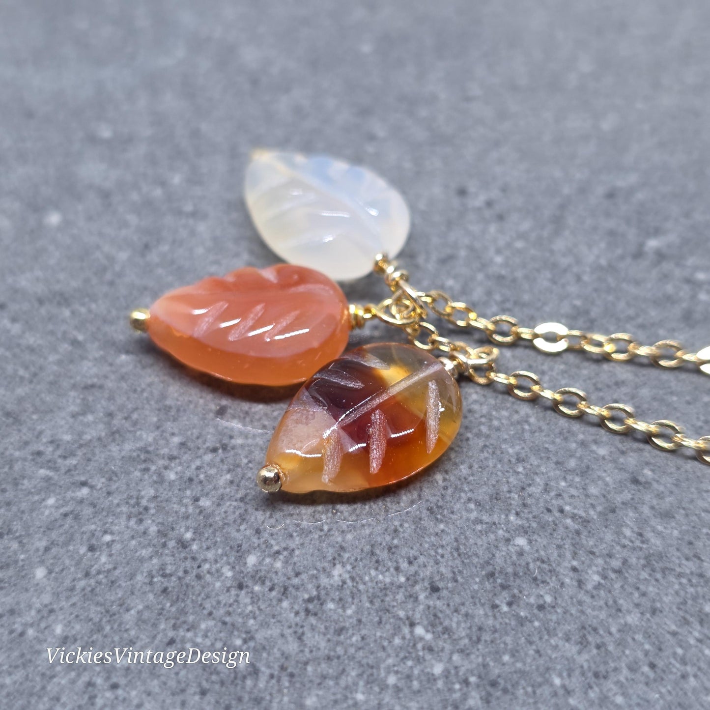 Glass Leaf Necklace with Real 18K Gold Plated Chain: Autumnal Burnt Orange