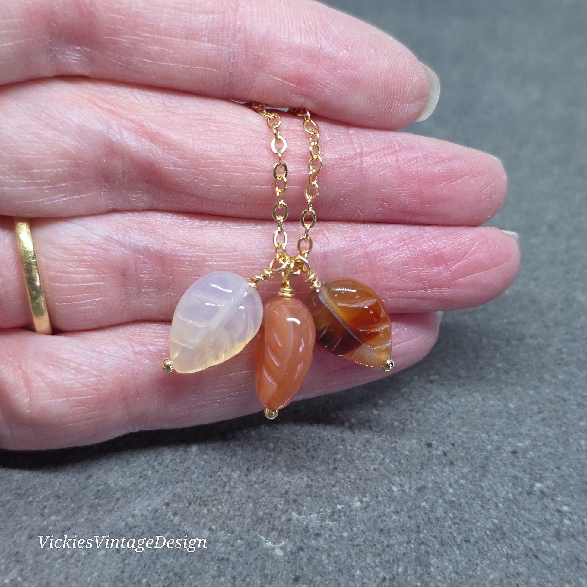 Glass Leaf Necklace with Real 18K Gold Plated Chain: Autumnal Burnt Orange