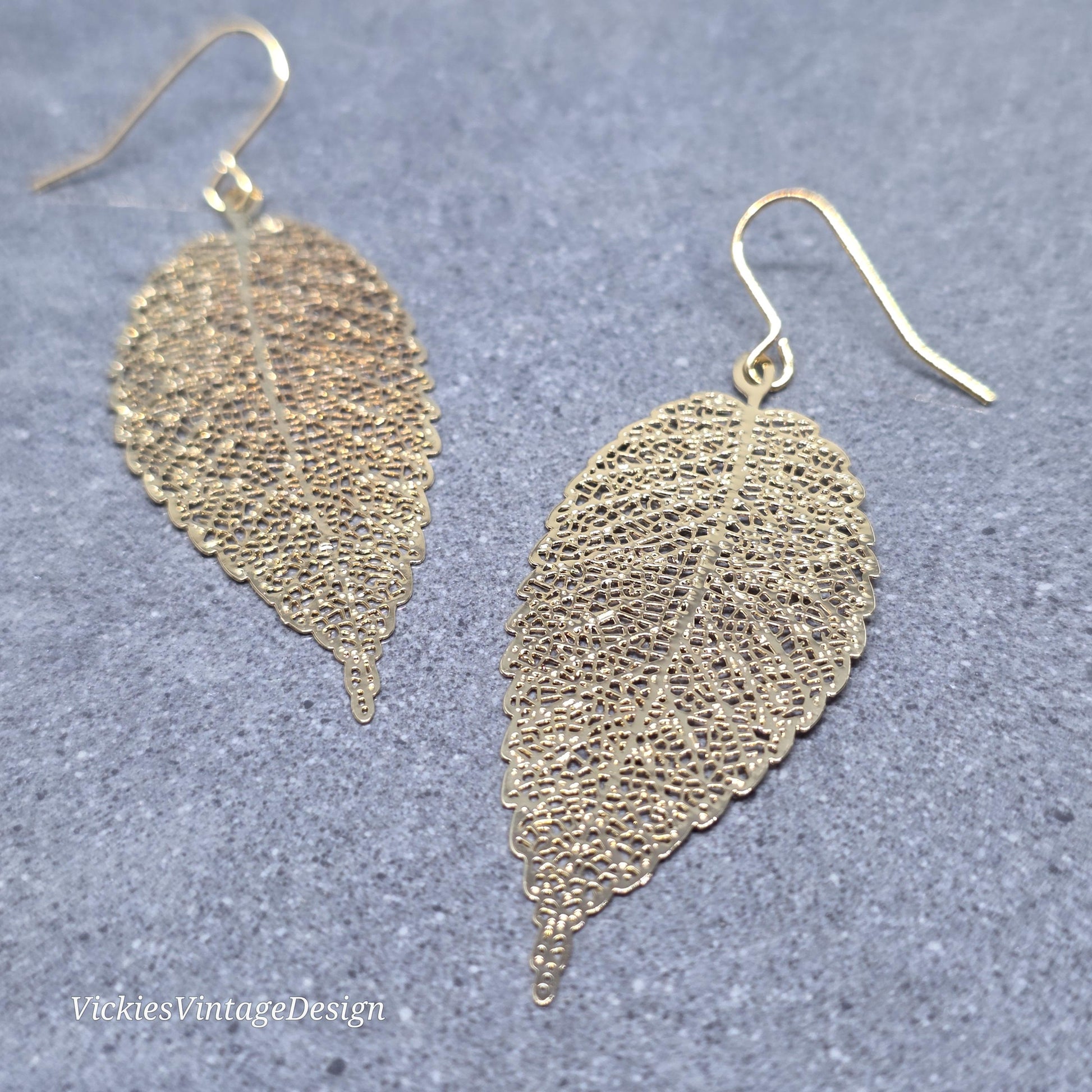 Gold Filligree Leaf Earrings with a Choice of Ear Wires: Lightweight