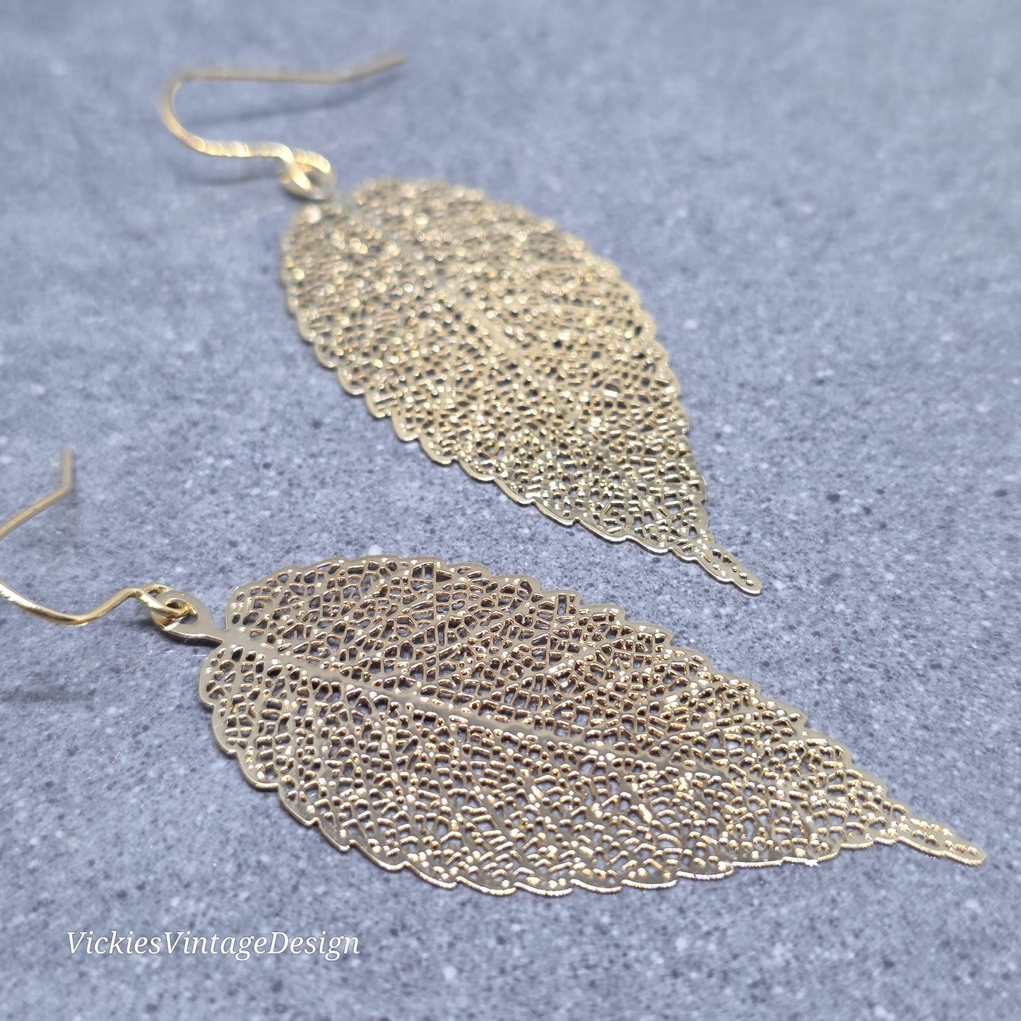Gold Filligree Leaf Earrings with a Choice of Ear Wires: Lightweight