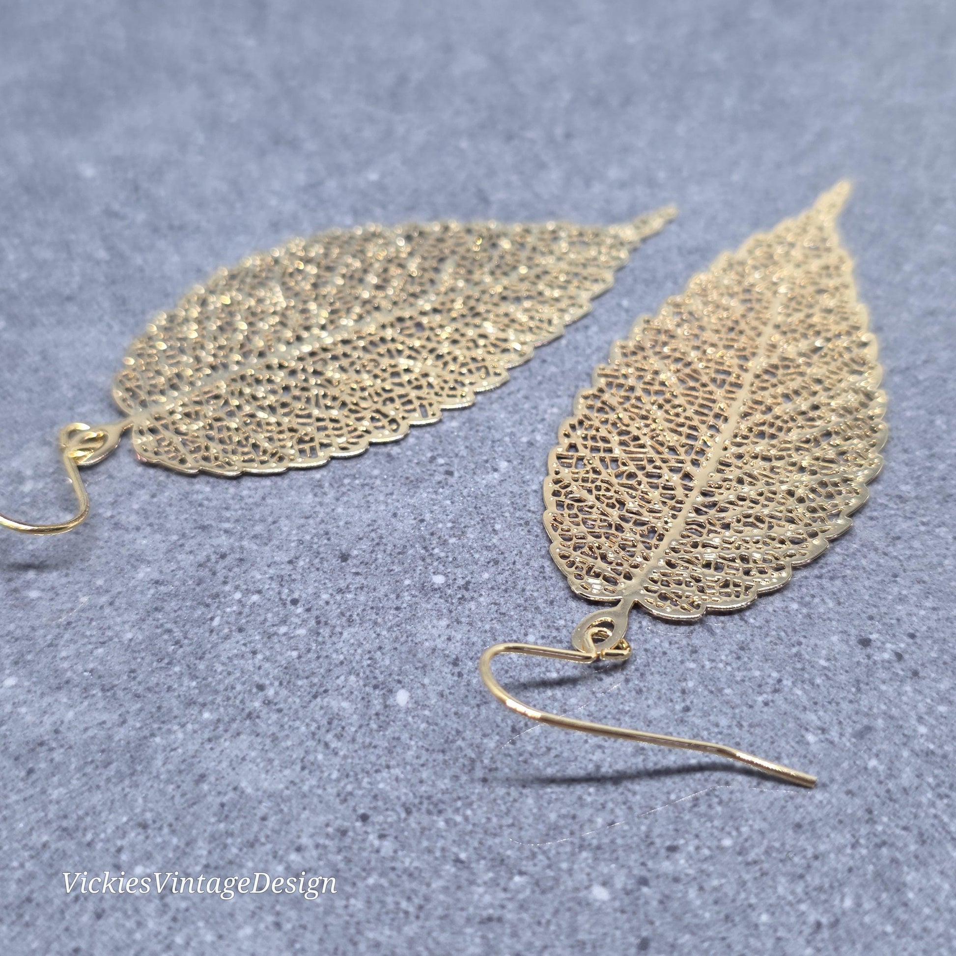 Gold Filligree Leaf Earrings with a Choice of Ear Wires: Lightweight