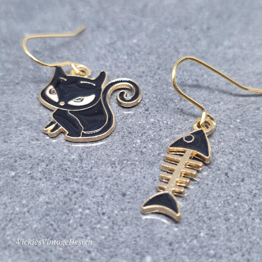 Cat and Fish Bone Earrings with a Choice of Ear Wires