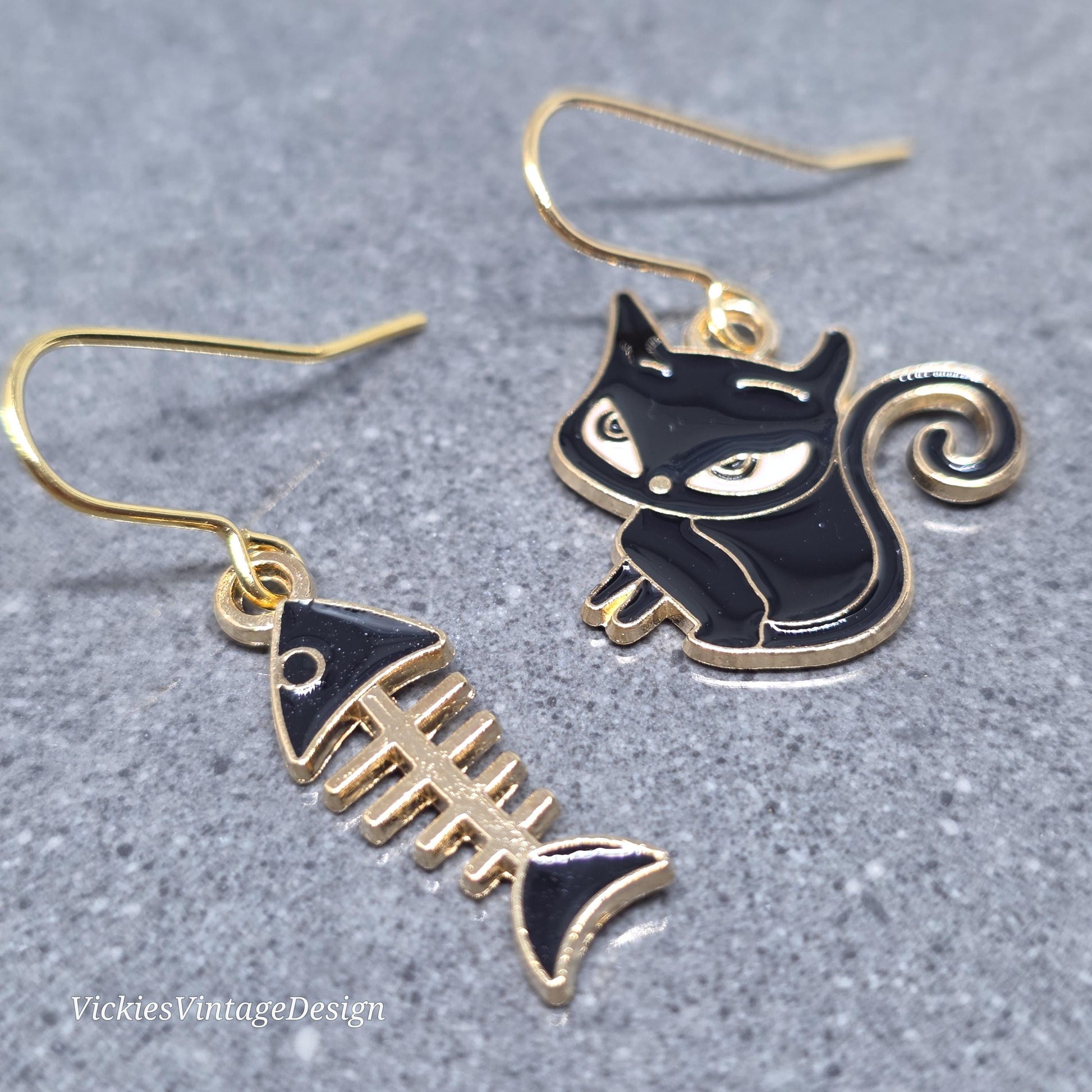 Cat and Fish Bone Earrings with a Choice of Ear Wires