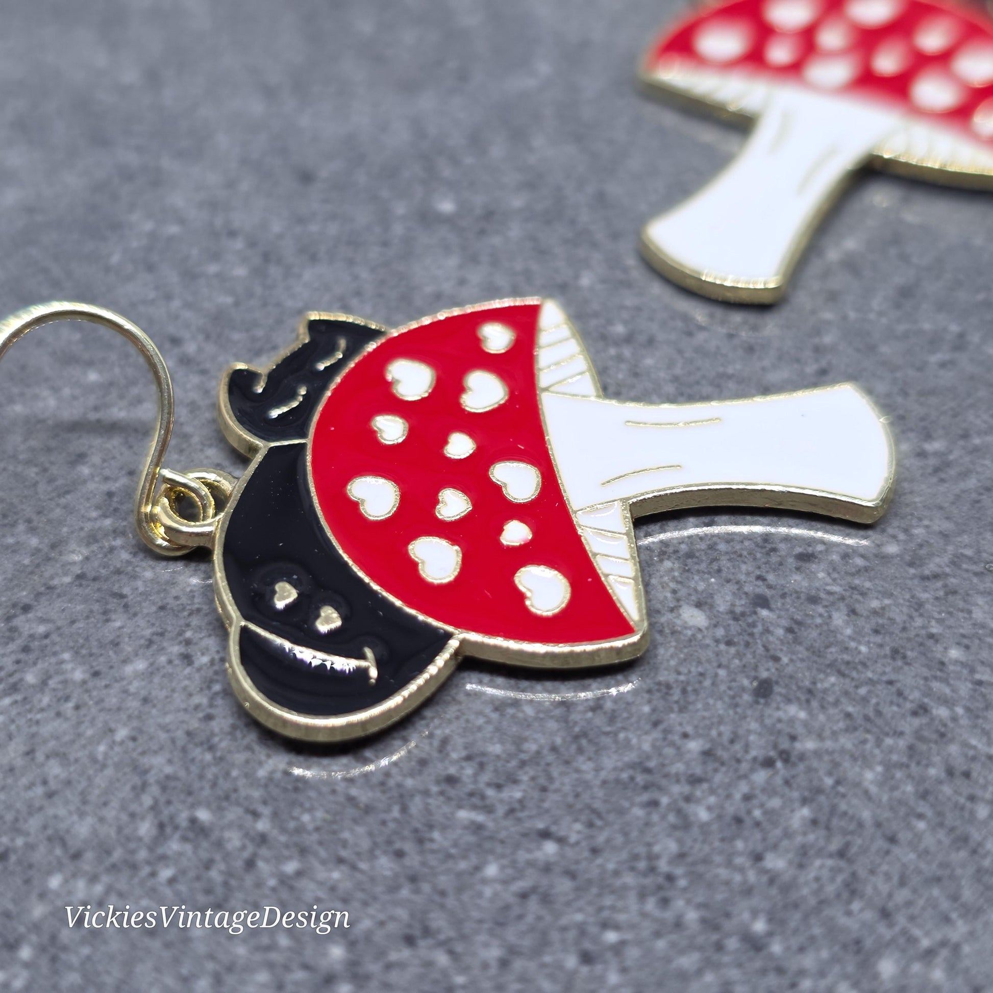 Black Cat Earrings: Red Mushrooms with a Choice of Ear Wire